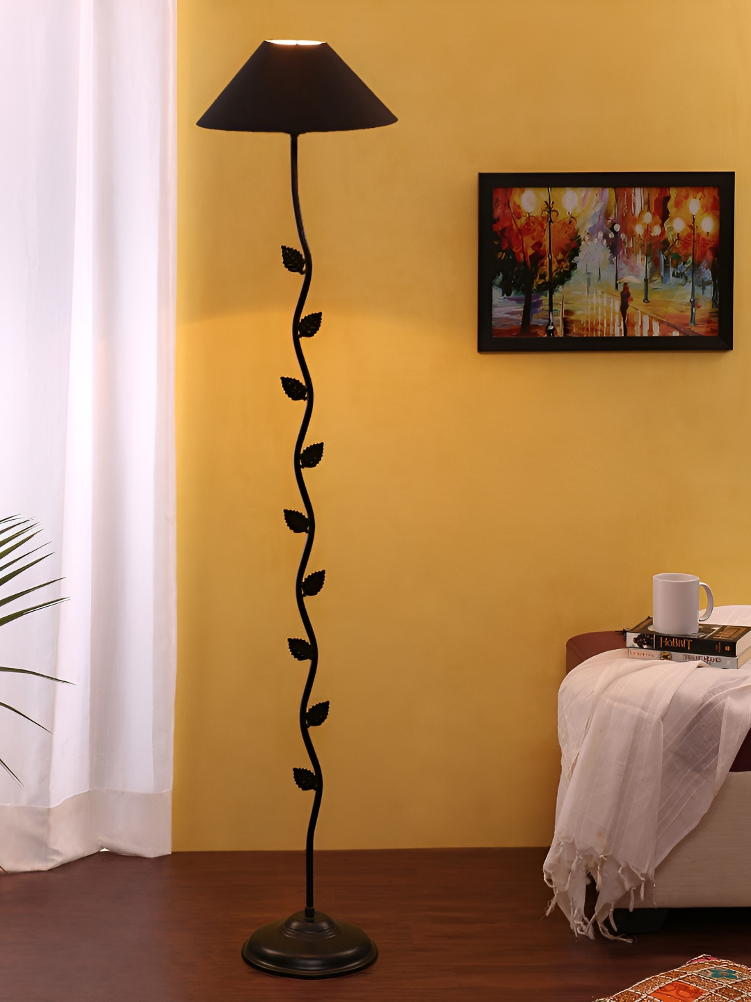 Devansh Black Cotton Flat Leaf Floor Lamp