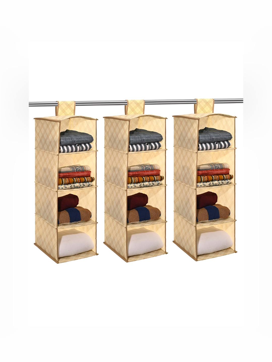 Aura Cream-Coloured & Beige 3 Pieces Printed Foldable 4 Shelf Hanging Closet Organisers
