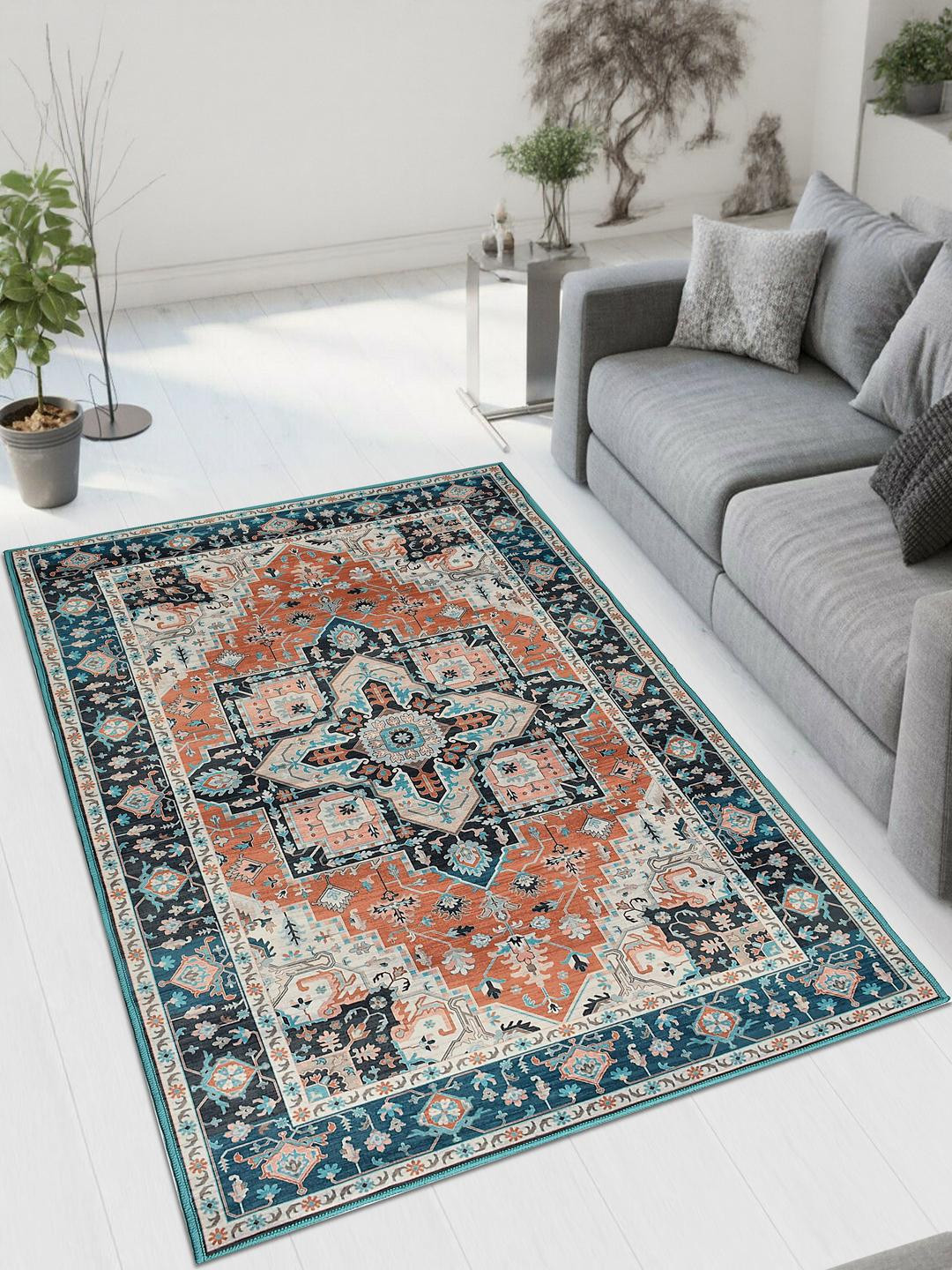 GBL COLLECTION Orange Ethnic Motifs Anti-Skid Carpet