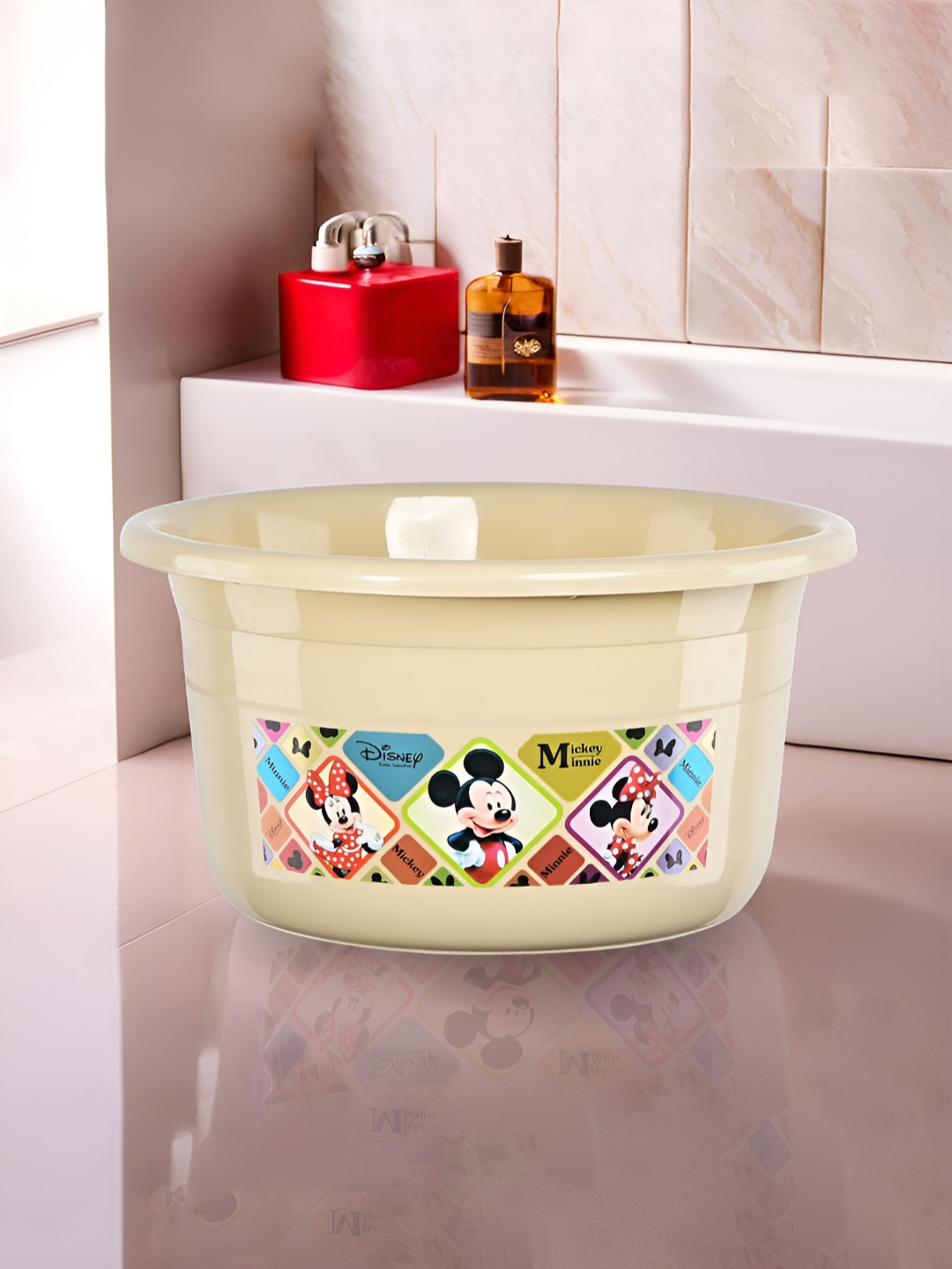 Aura Beige Printed 25 Ltr Plastic Bath Tub Accessories Set