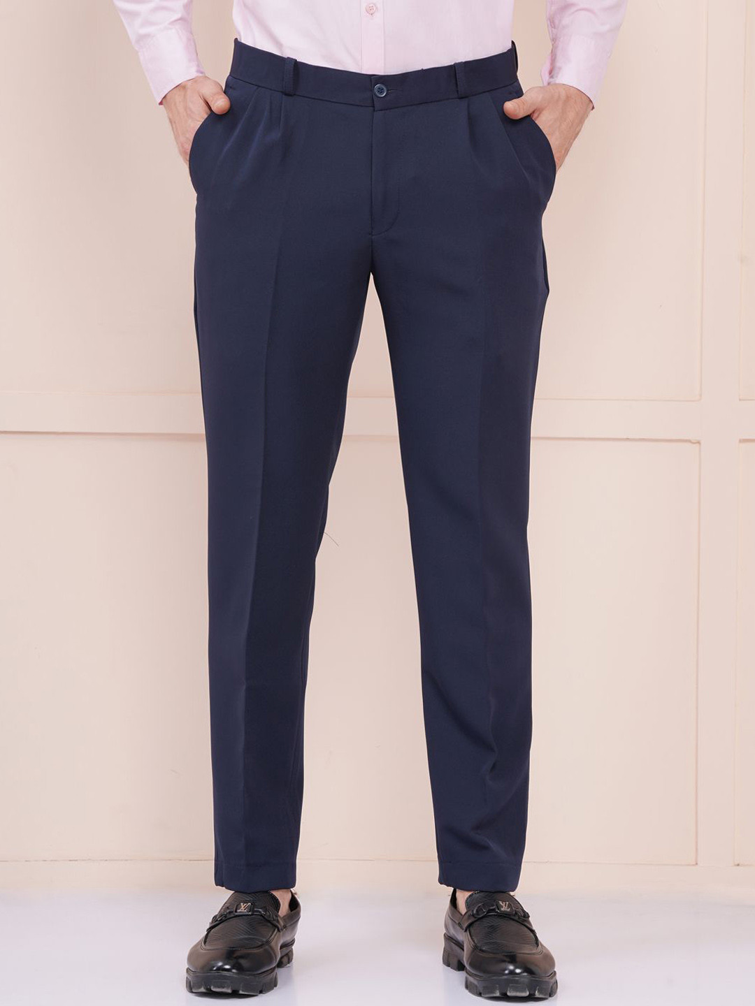 FUKUSO Men Tapered Fit Easy Wash Pleated Formal Trousers