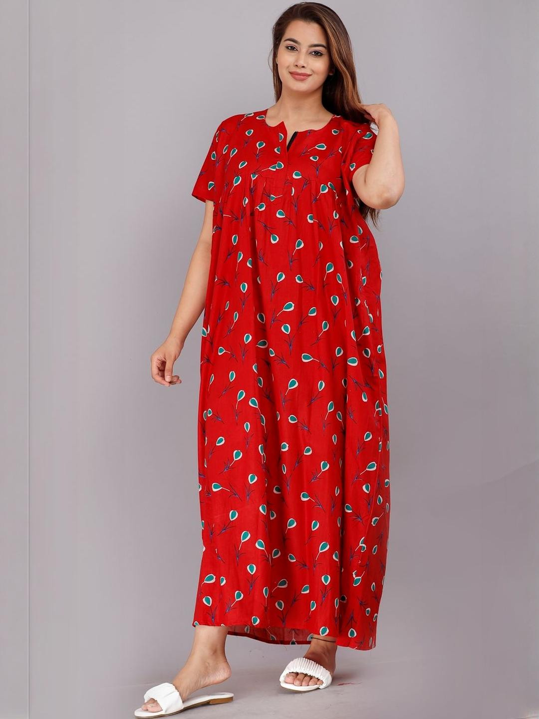 AAKARSHANA Red Pure Cotton Maxi Printed Nightdress