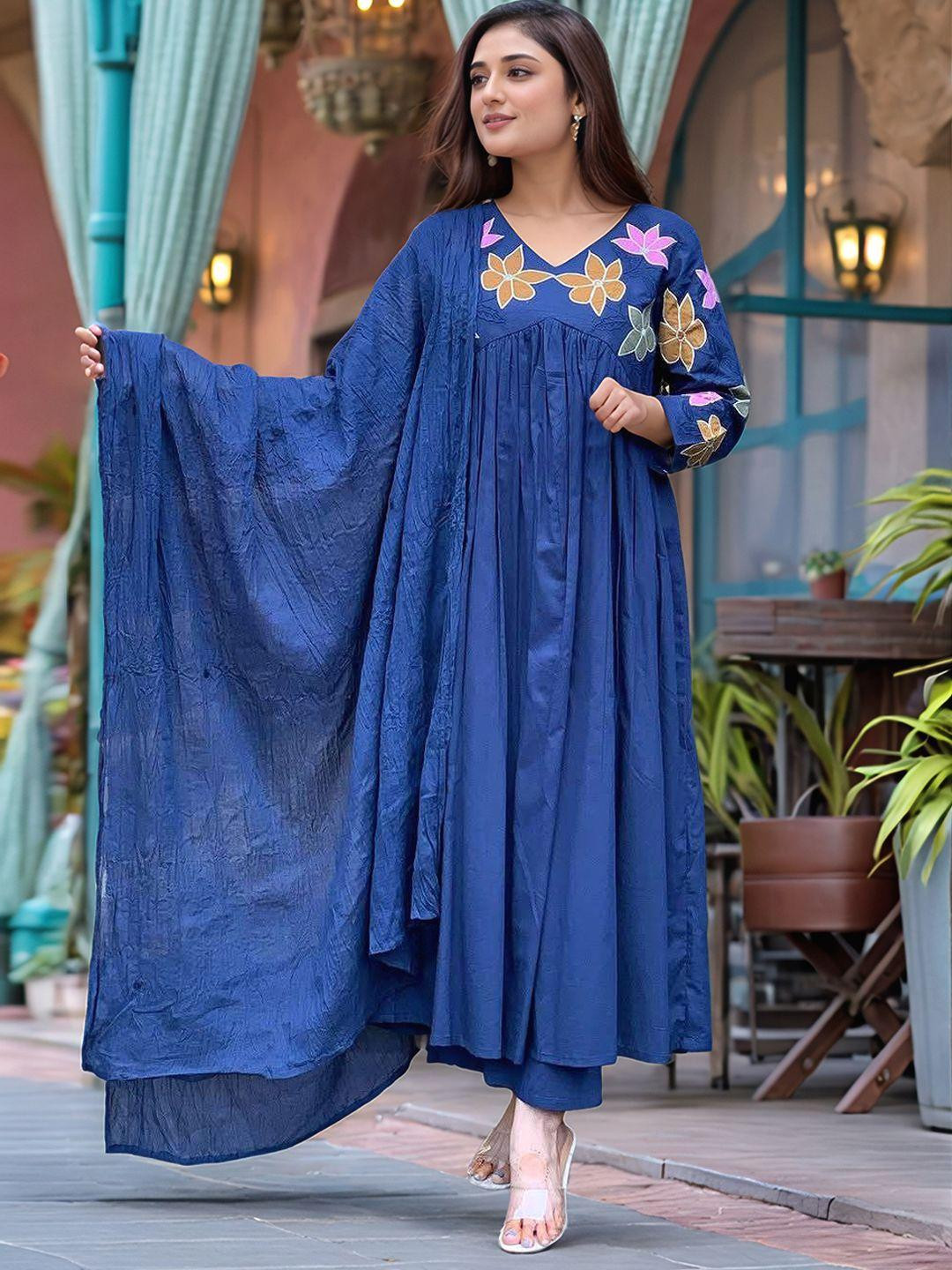 KALINI Women Blue Rayon Blend Solid Anarkali Kurta Set With Dupatta