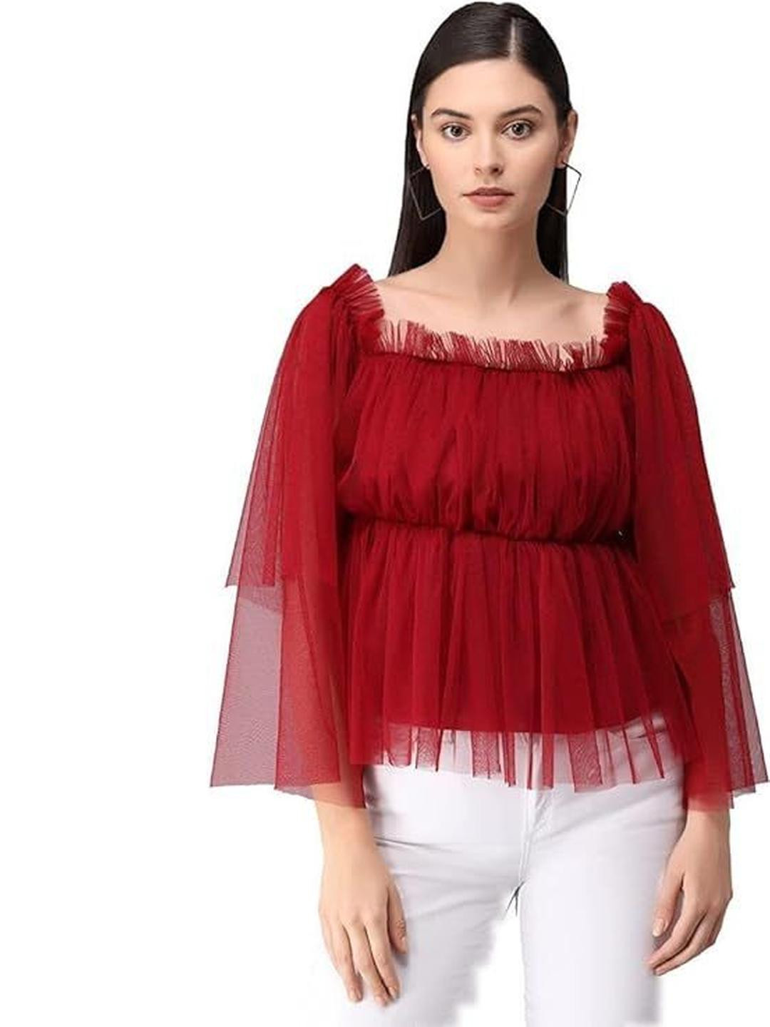 LIME N LEMON Off-Shoulder Flared Sleeve Net Crop Top