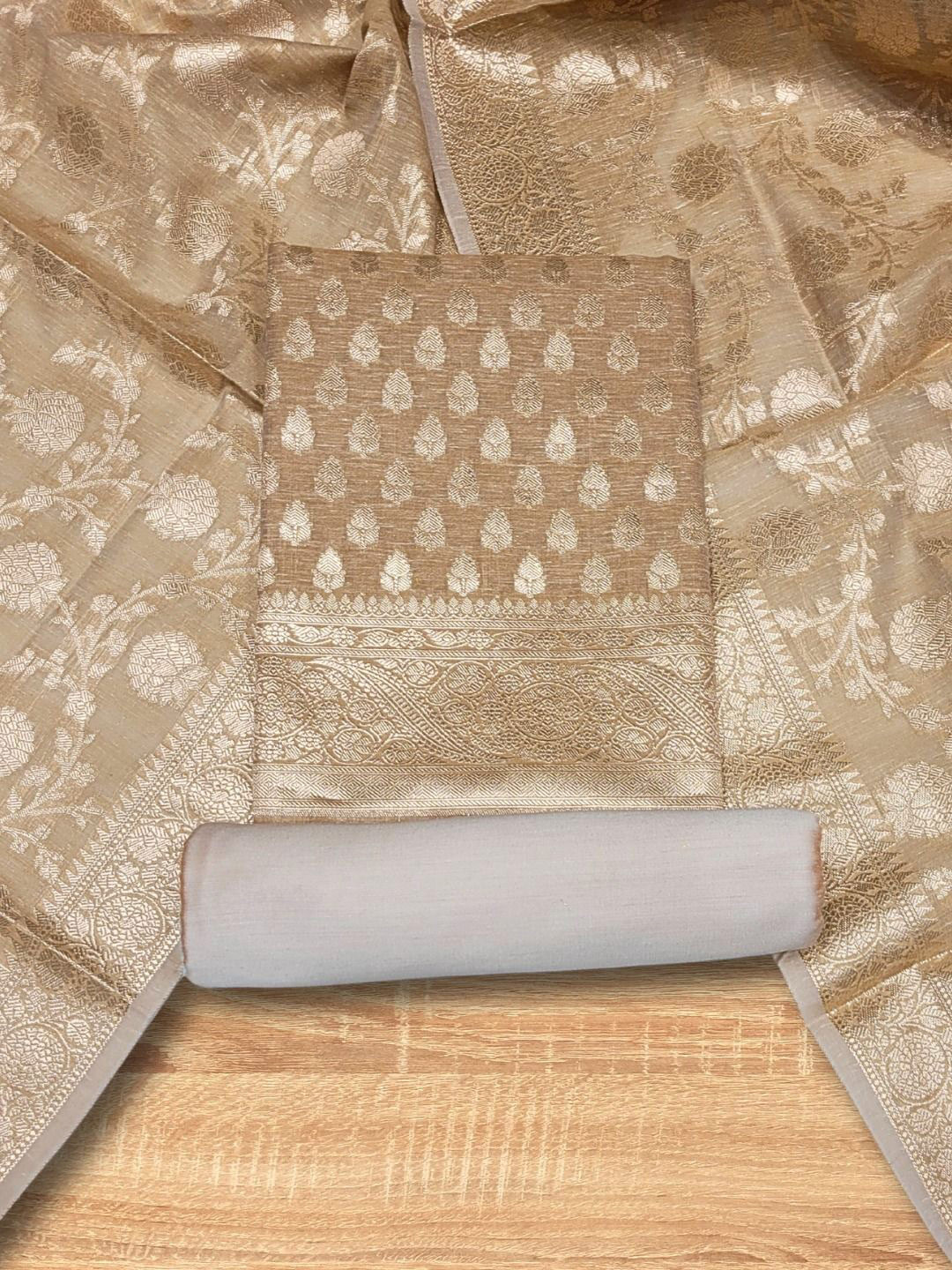 Chhabra 555 Banarasi Jute Silk Unstitched Dress Material & Slub Weave & Tasseled Dupatta