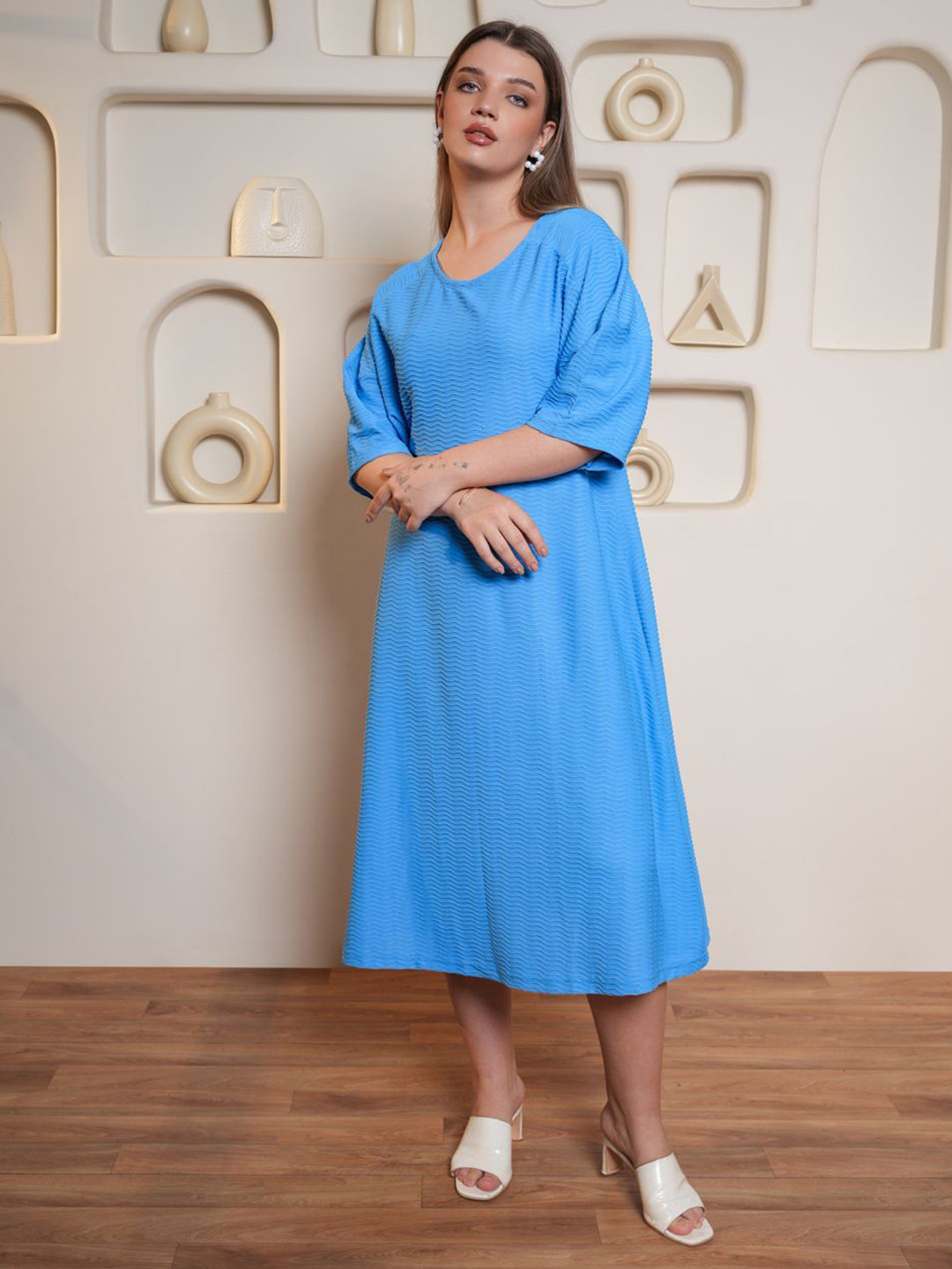 MILOST Women Self Design Kimono Sleeve A-Line Midi Dress