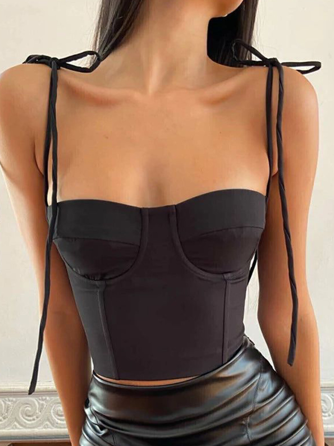 Outzidr Black Solid Corset Tie Up Top
