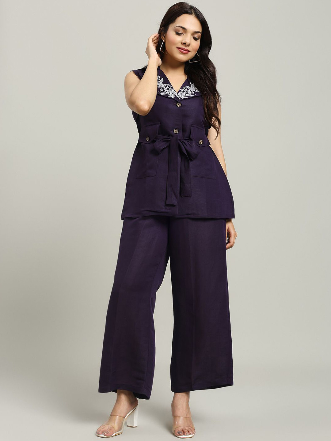 WoowZerz Embroidered V Neck Coat With Trousers Co-Ords Set