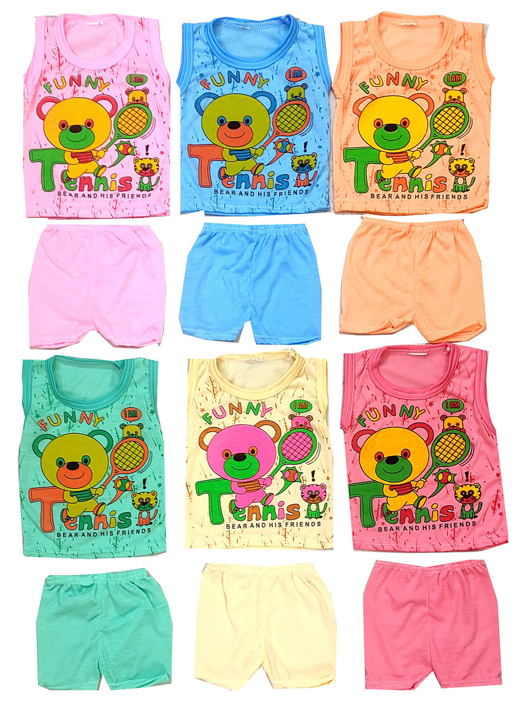 Fly Step Kid's Unisex Pack Of 6 Printed Round Neck Top & Shorts