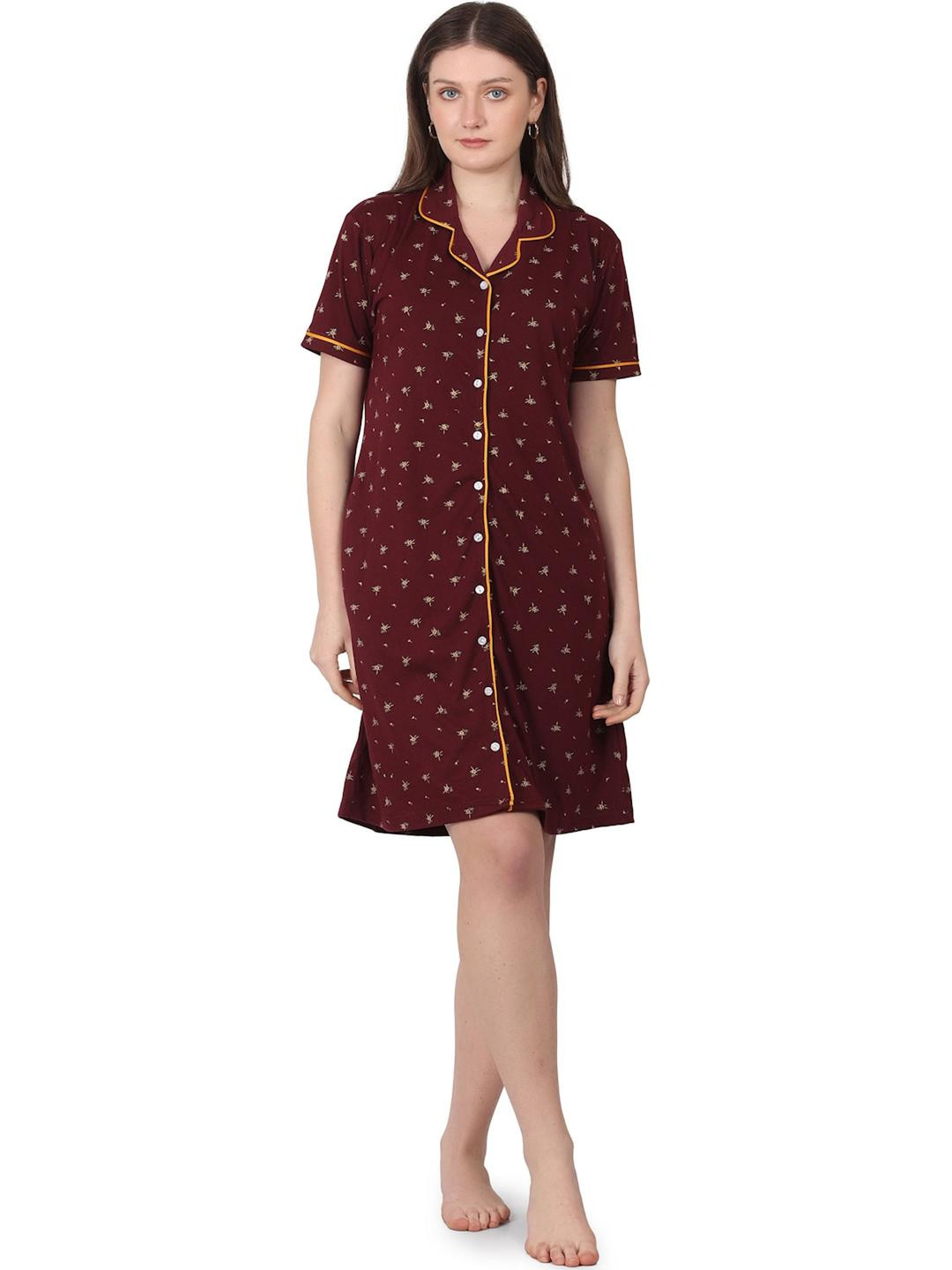 WOEMUR Maroon Pure Cotton Maxi Printed Nightdress