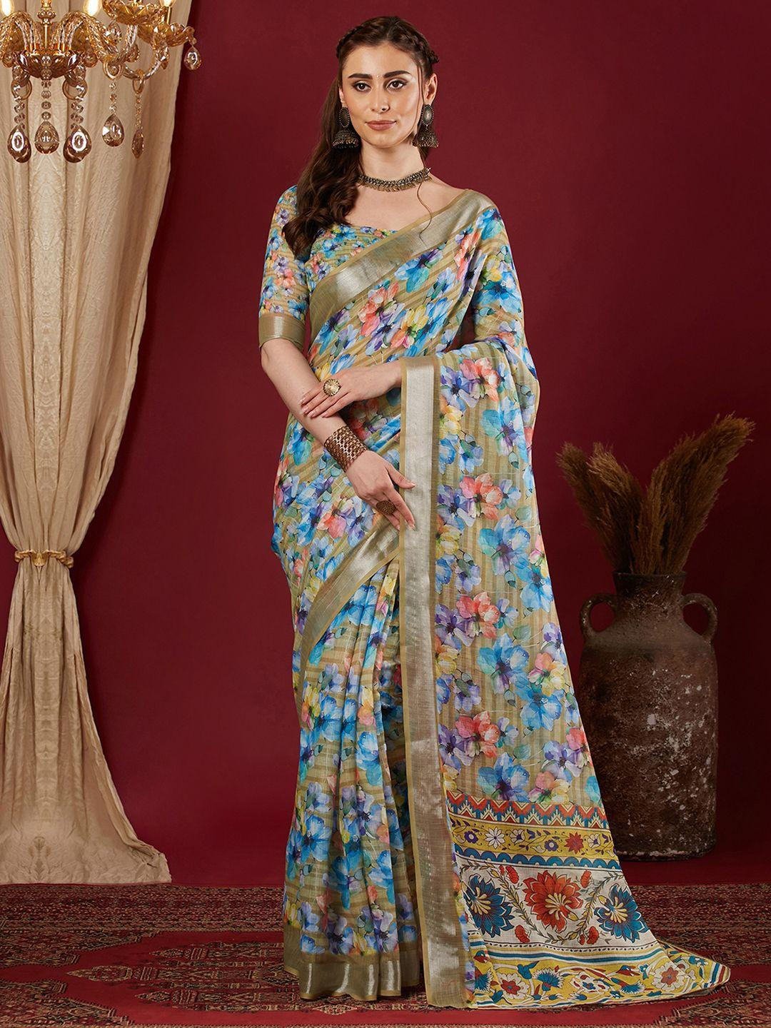 KALINI Yellow Linen Blend Printed Sarees