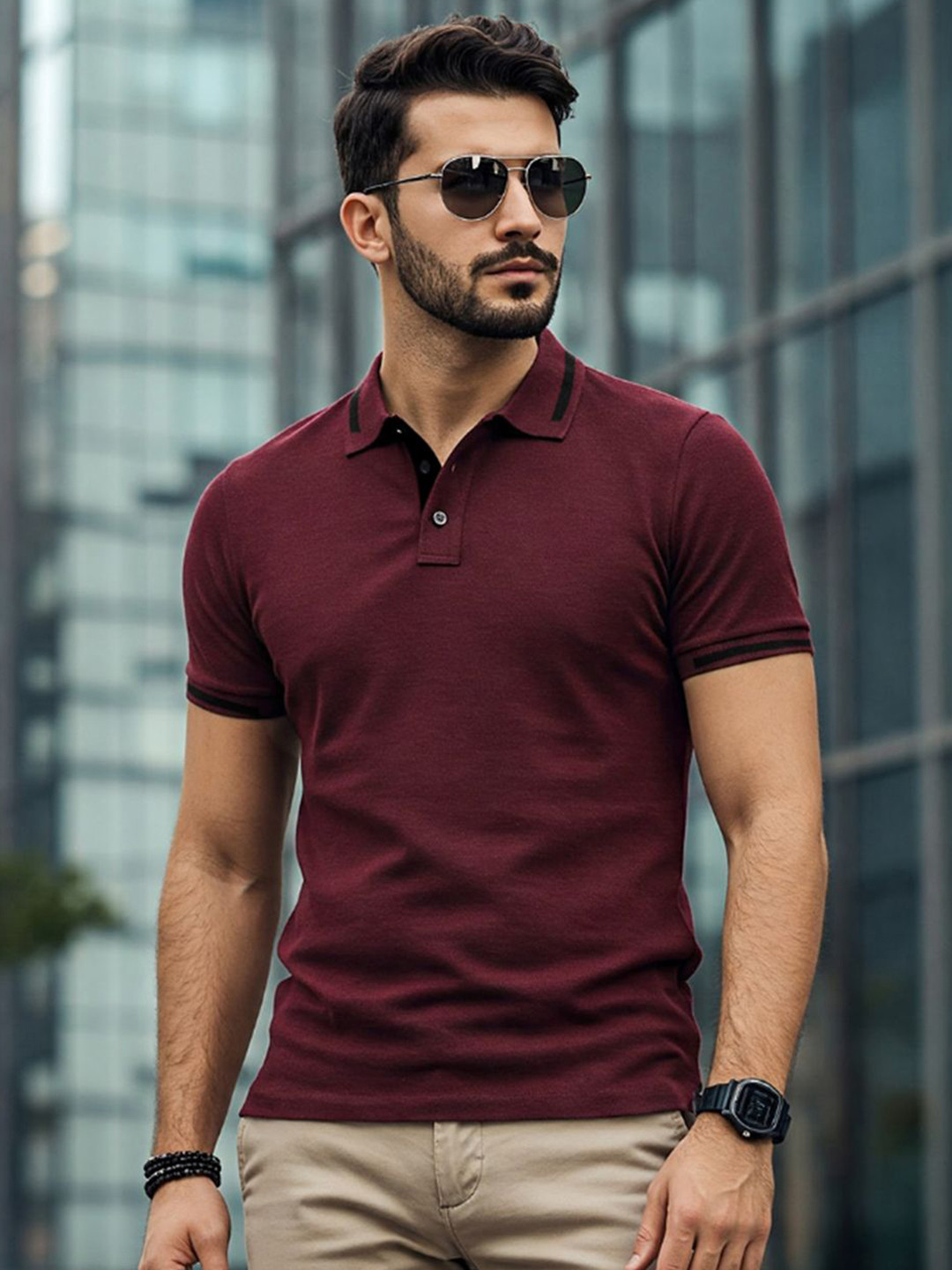VEIRDO Men Maroon Solid Polo Collar Cotton T-shirt