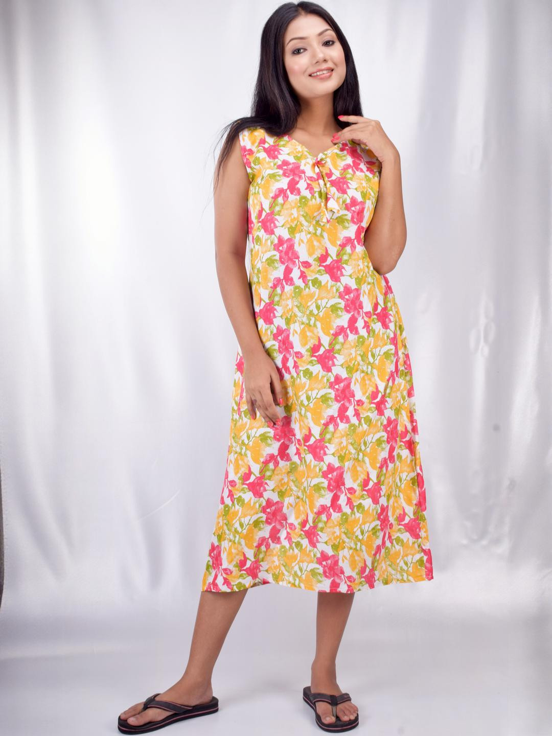 CLYMAA Yellow Viscose Rayon Maxi Printed Nightdress