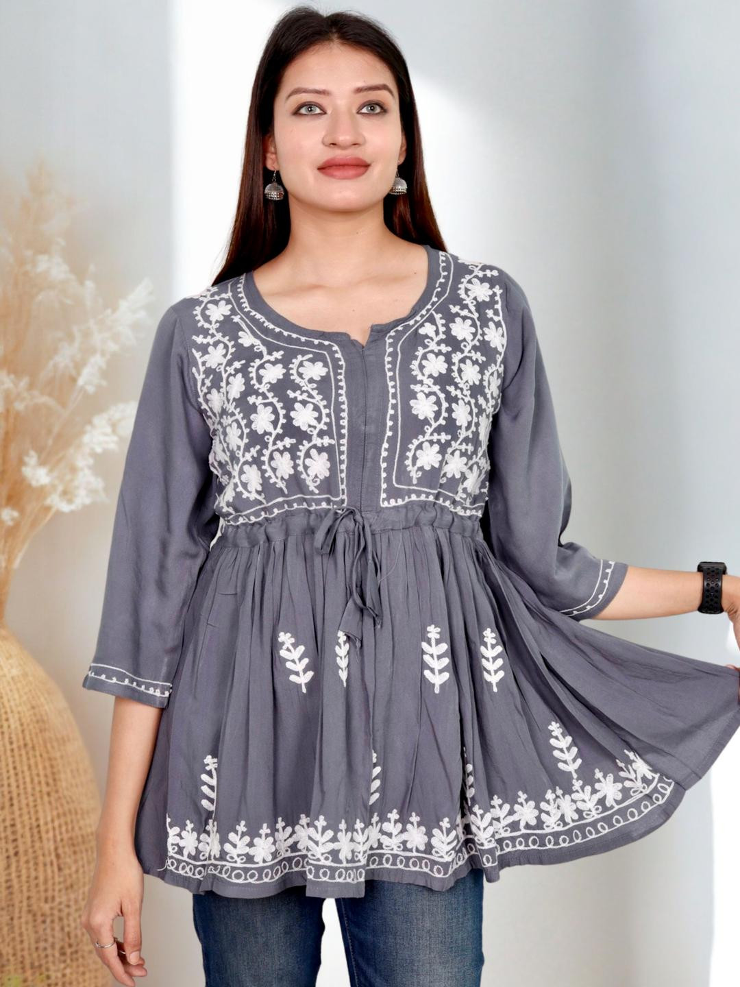 myplusfashion Chikan Top for Women Aari Work Chikan Flared Top Tunic