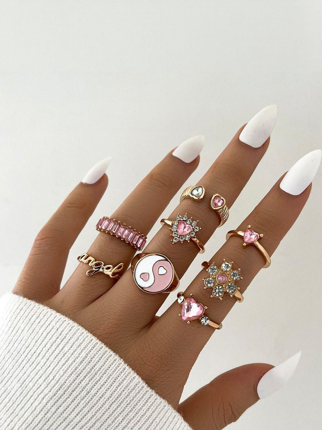 Arzonai Set Of 8 Yin Yang Pink Full Diamond Flower Ring