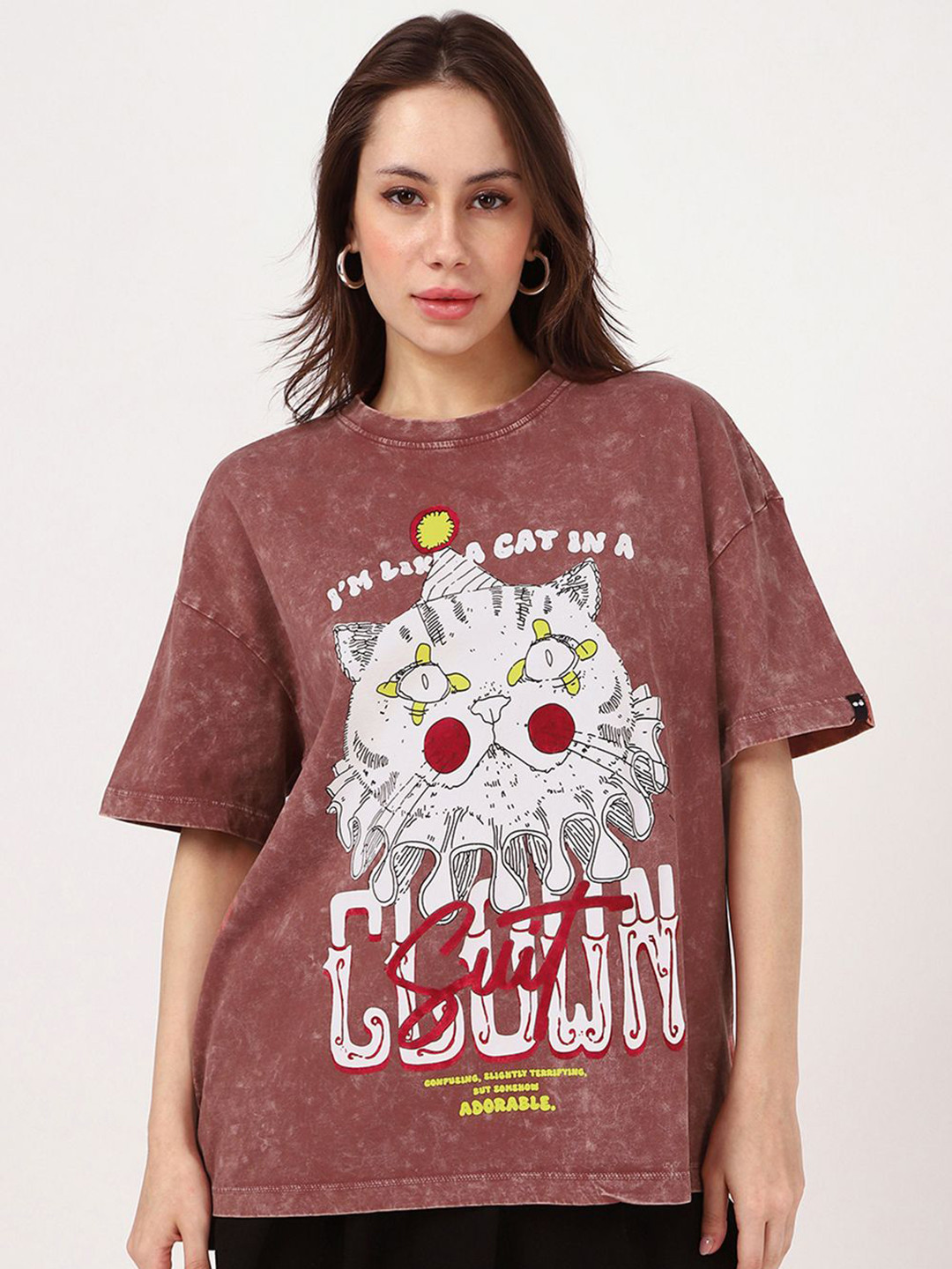 Bewakoof Women Cotton Brick Red Cat Clown Graphic Printed Oversized Acid Wash T-shirt