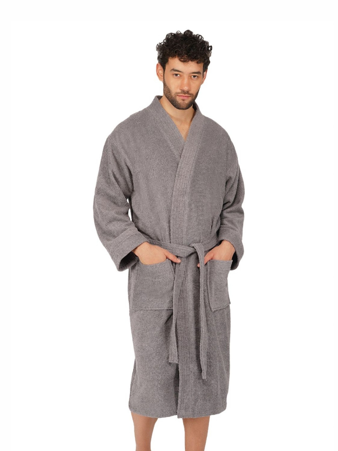 RANGOLI Noble, 400 GSM Grey Solid Cotton Drawstring Midi Bath Robe-S