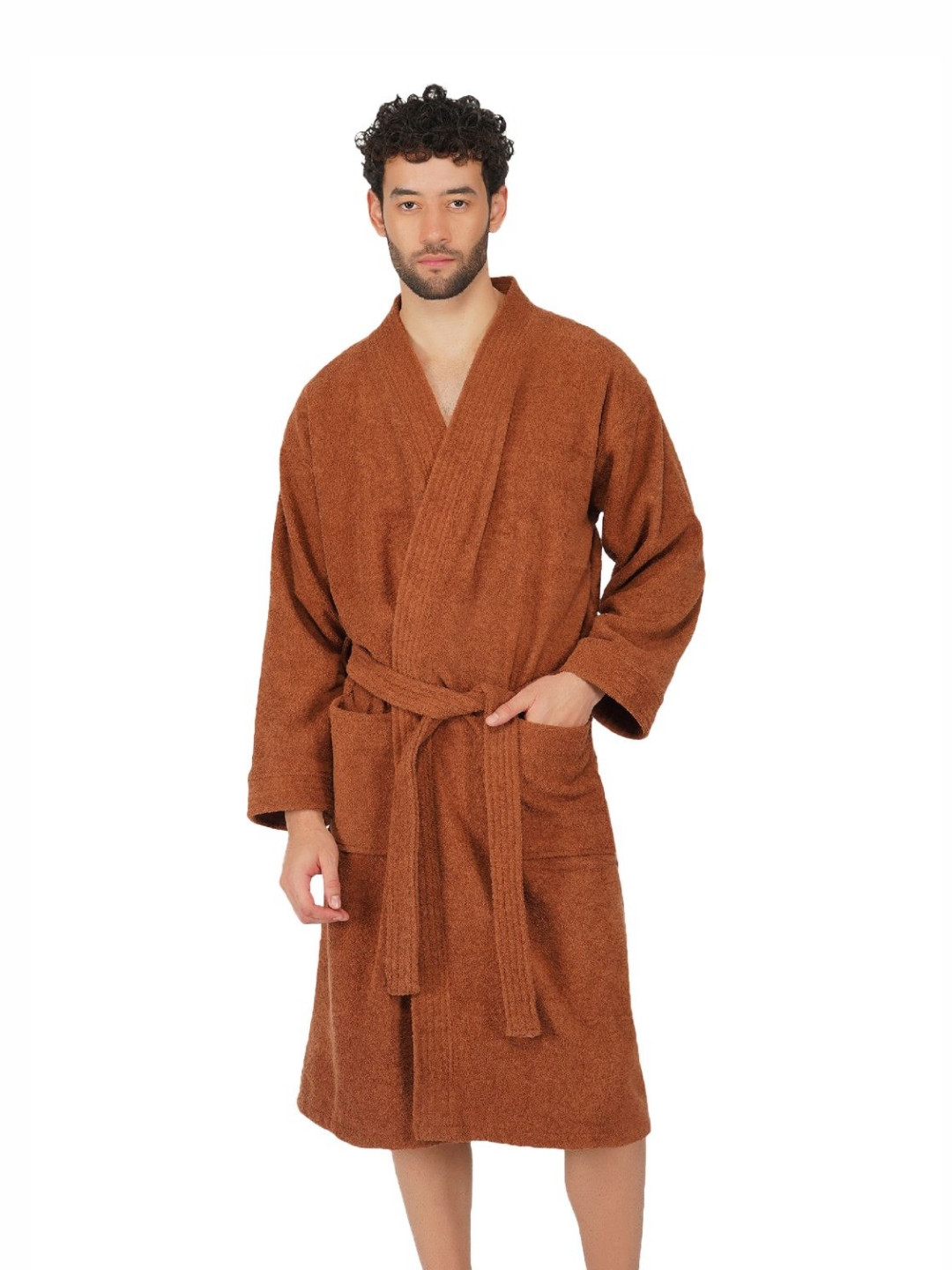RANGOLI Noble, 400 GSM Brown Solid Cotton Drawstring Midi Bath Robe-S