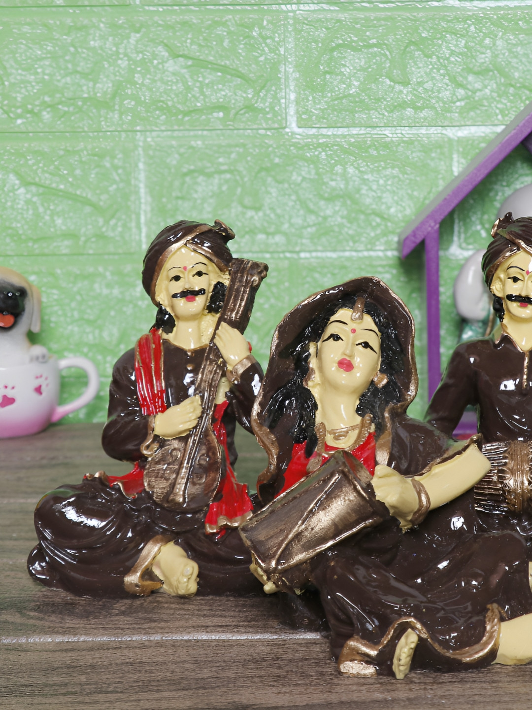 Aura Brown Marble Glossy Living Room Set of 3 Small Showpieces - 5.9 Inches