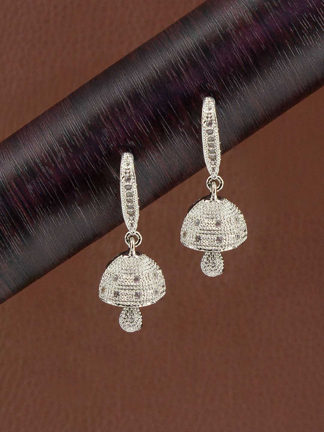 PRIVIU Silver-Plated American Diamond Studded Dome Shaped Jhumkas