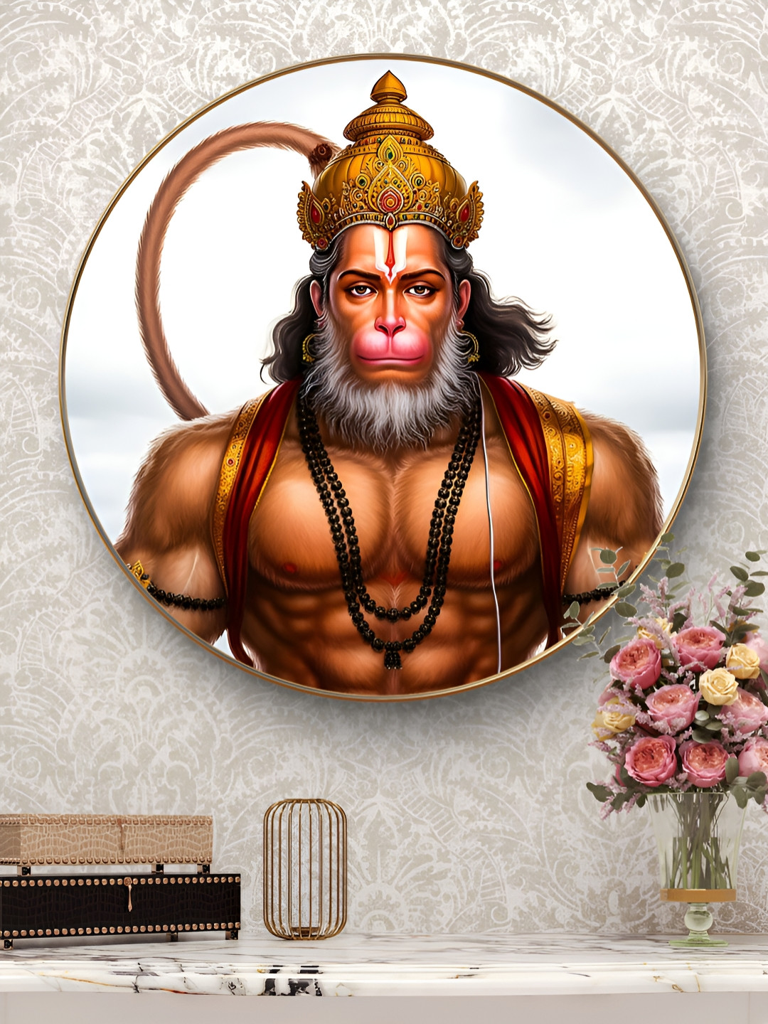 SAF Mighty Hanuman Wood Wall Round Paintings Wall Art -22.8x22.8In