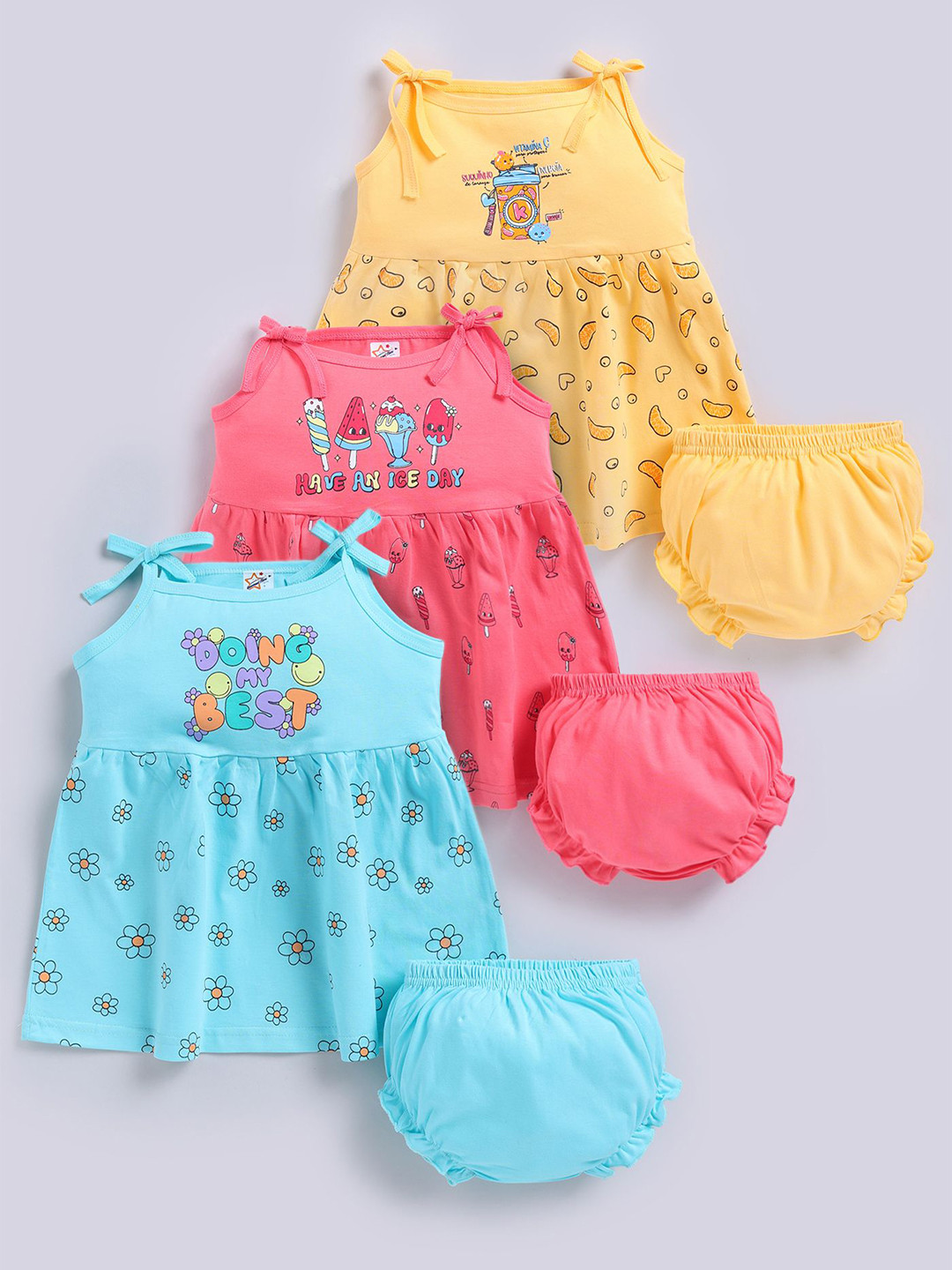Universal Stars Girls Pack f 3 Printed Sleeveless Pure Cotton Clothing Set