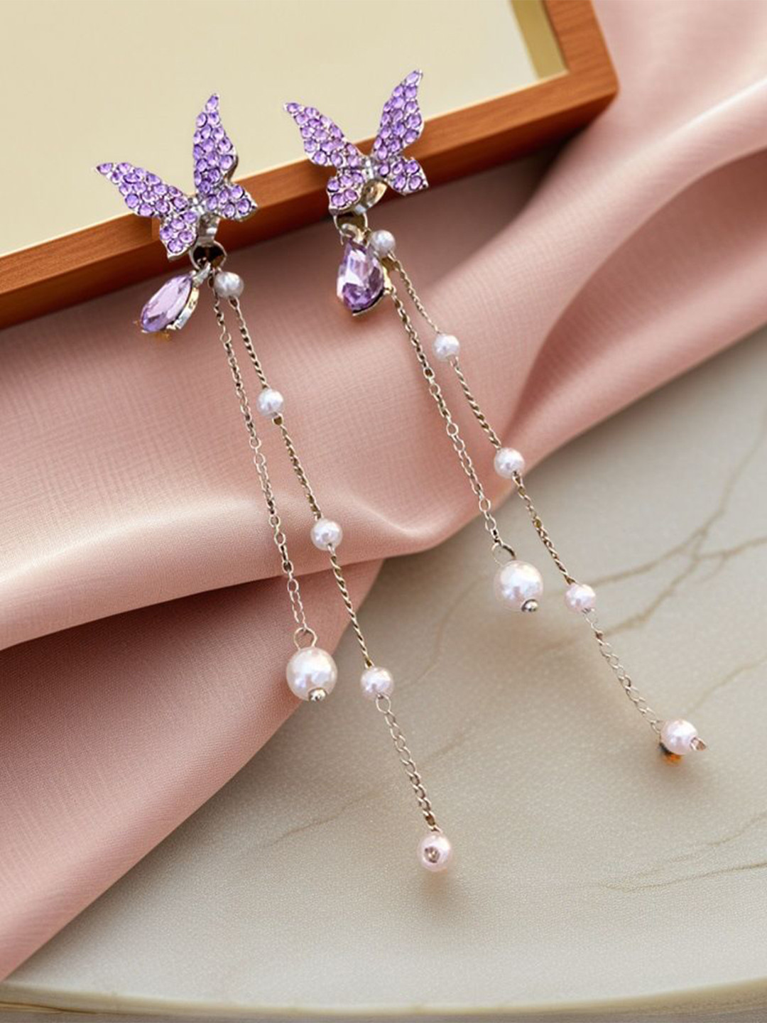 DressBerry Korean Butterfly Silver-Plated American Diamond Animal Shaped Drop Earrings