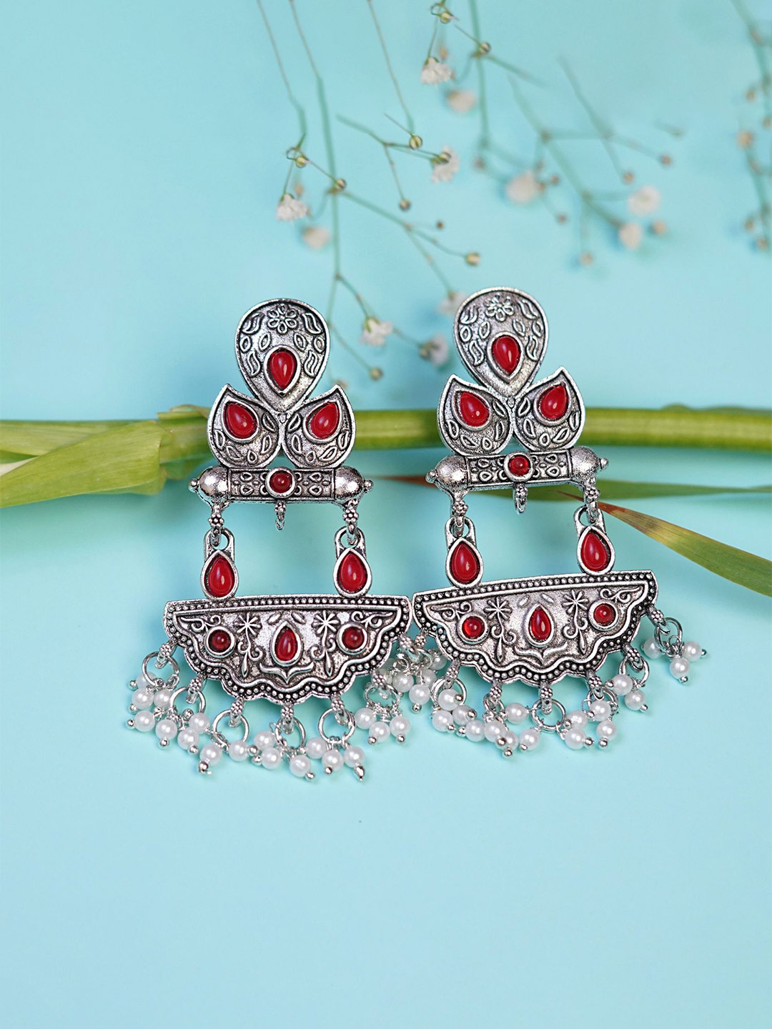 Zoey German Silver-Plated Stones Studded & Beaded Paisley Shaped Oxidised Drop Earrings