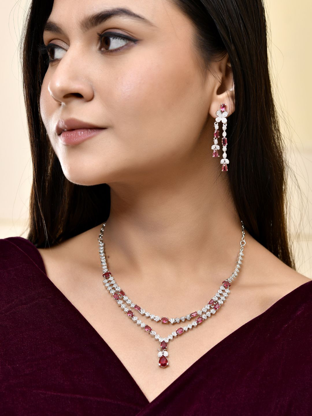 Silvermerc Designs Elegant Red Sliver-Plated Jewellery Set