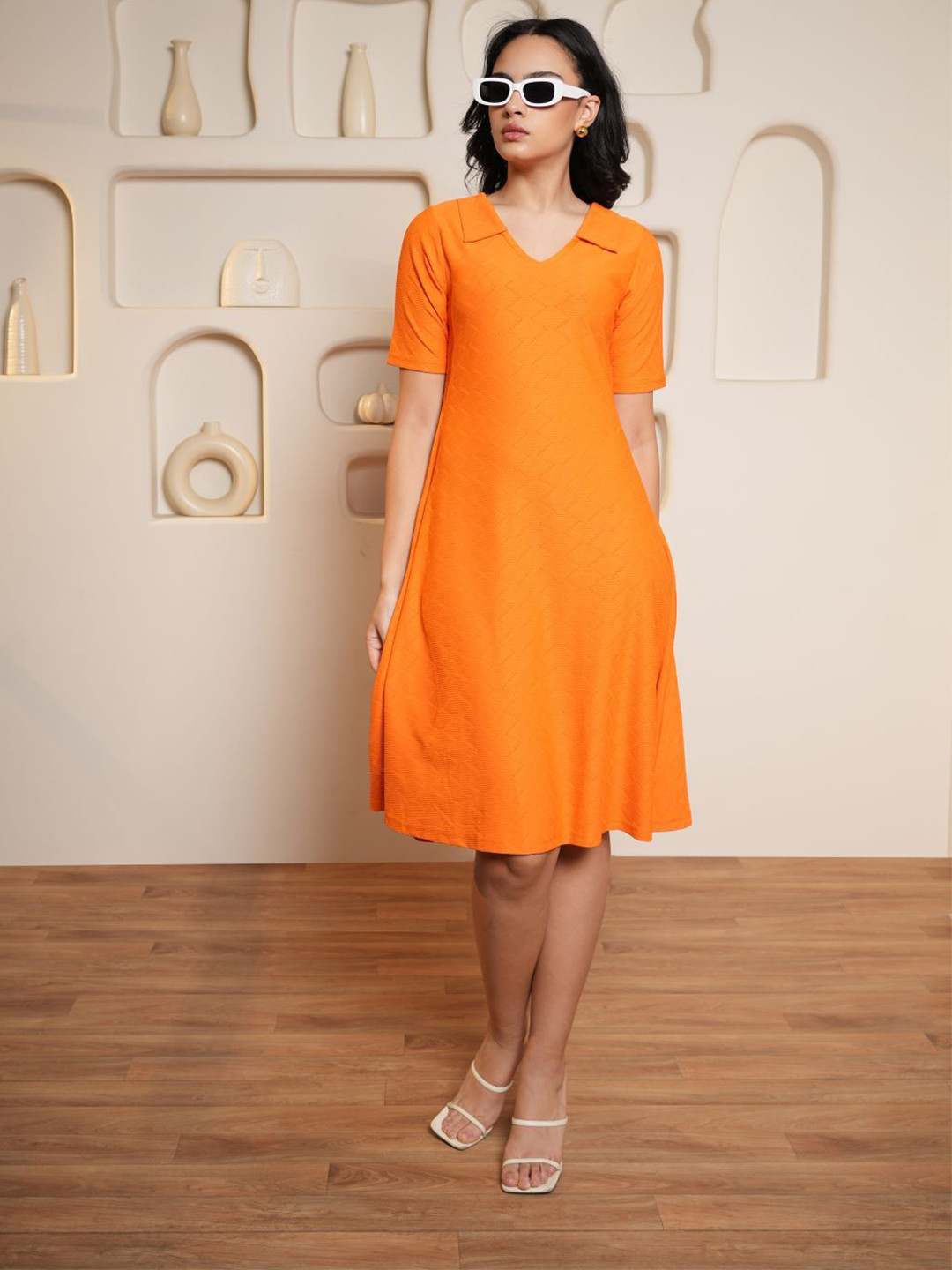 MILOST Shirt Coller A-Line Midi Dress