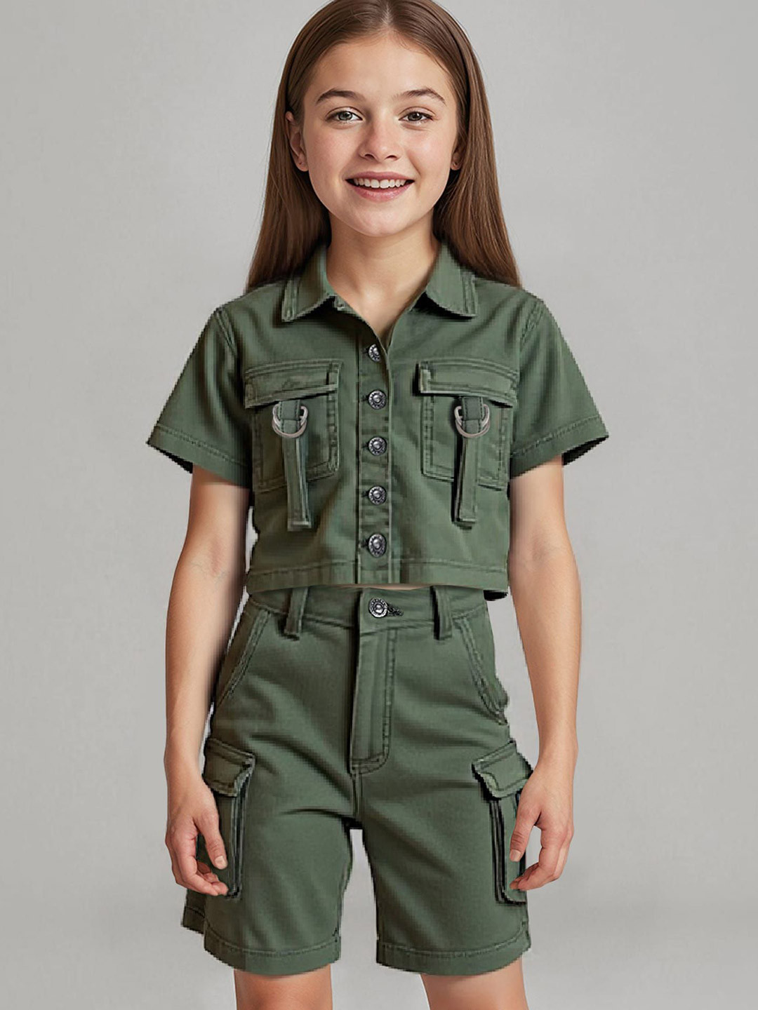 ARIAS By LARA DUTTA Girls Half Sleeves Co-Ords Shacket & Shorts Set