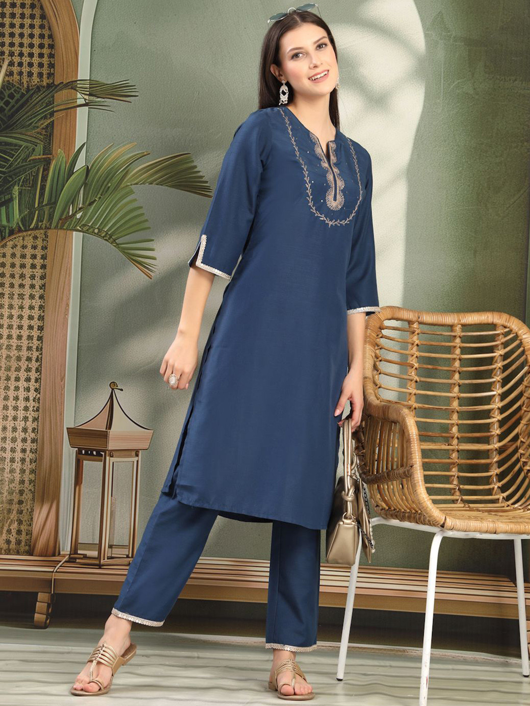 Nayam By Lakshita Women Solid Embroidered Calf Length Kurta and Palazzo Set for Women