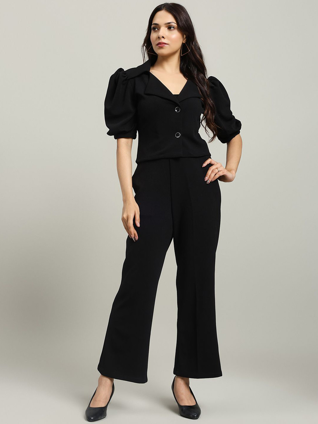 WoowZerZ Notched Lapel Collar Short Puff Sleeves Coat With Trousers Co-Ords