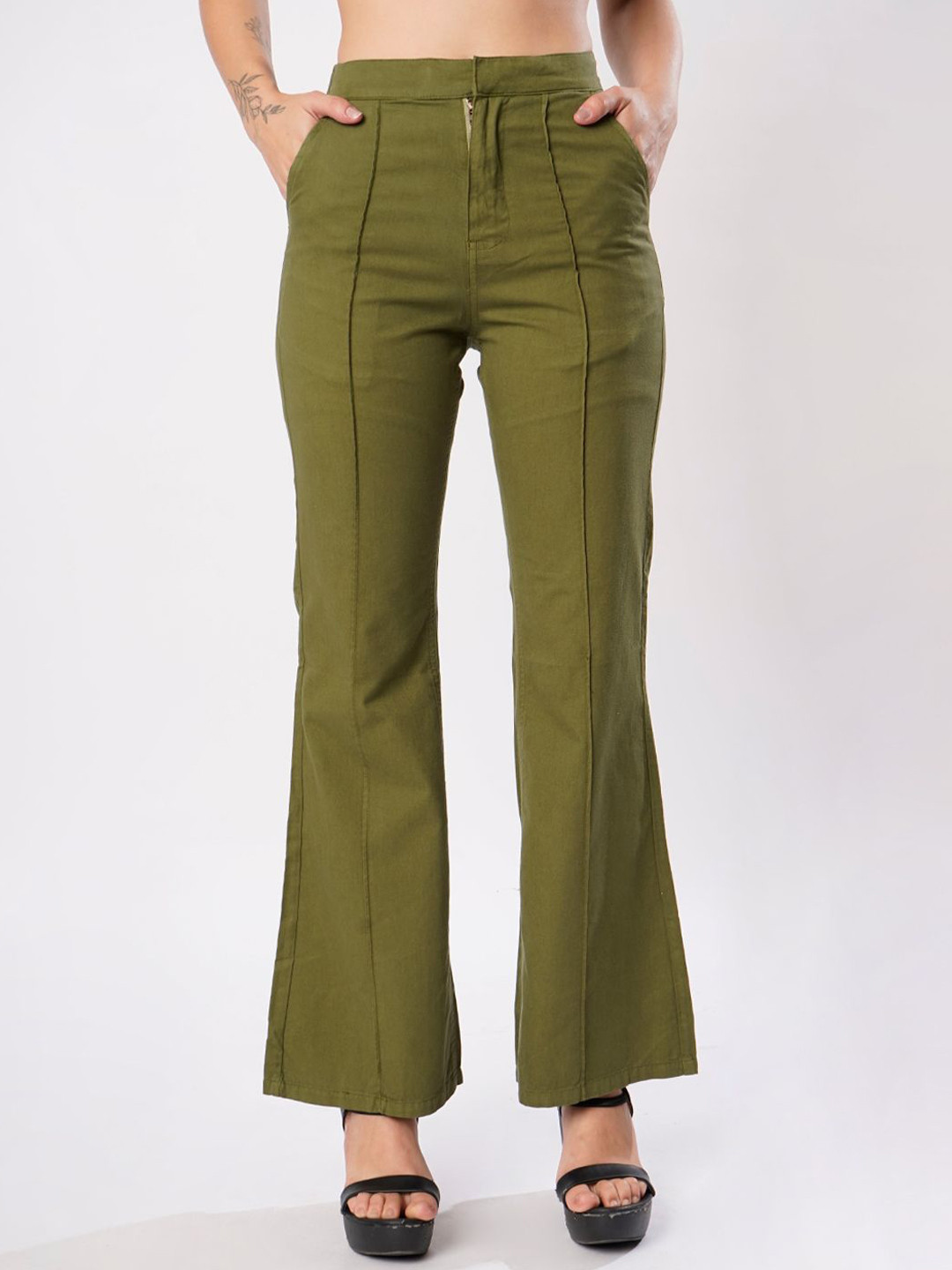The Roadster Lifestyle Co. Women Solid High Rise Flared Center-Stitch Regular Trousers