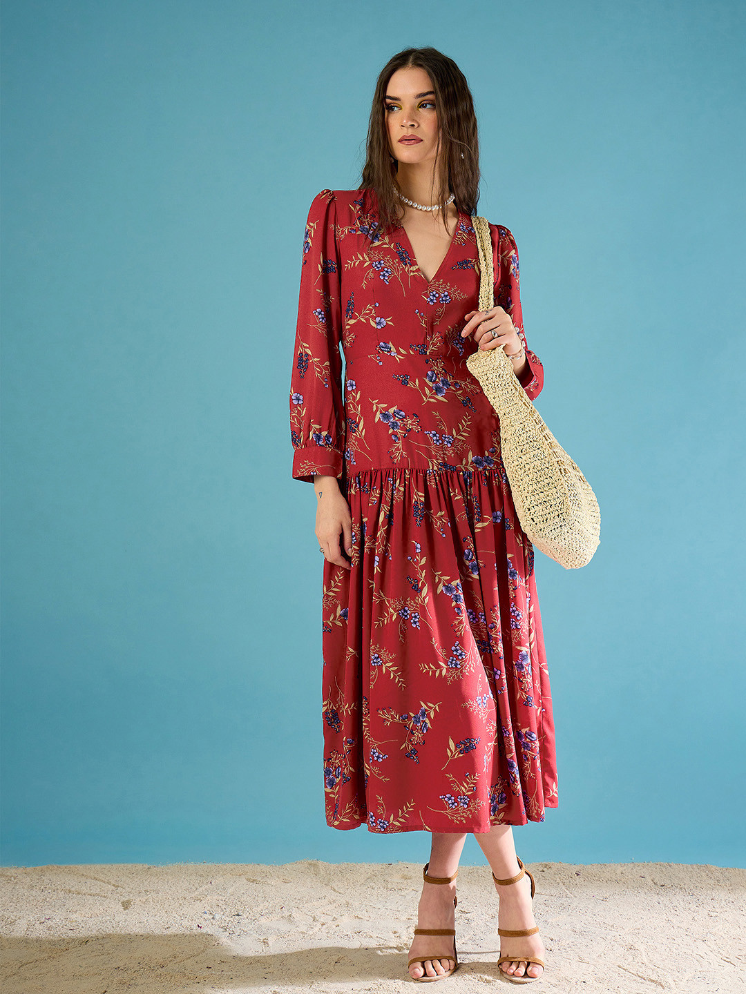 CORSICA Floral Print Pleated Drop-Waist Midi Dress