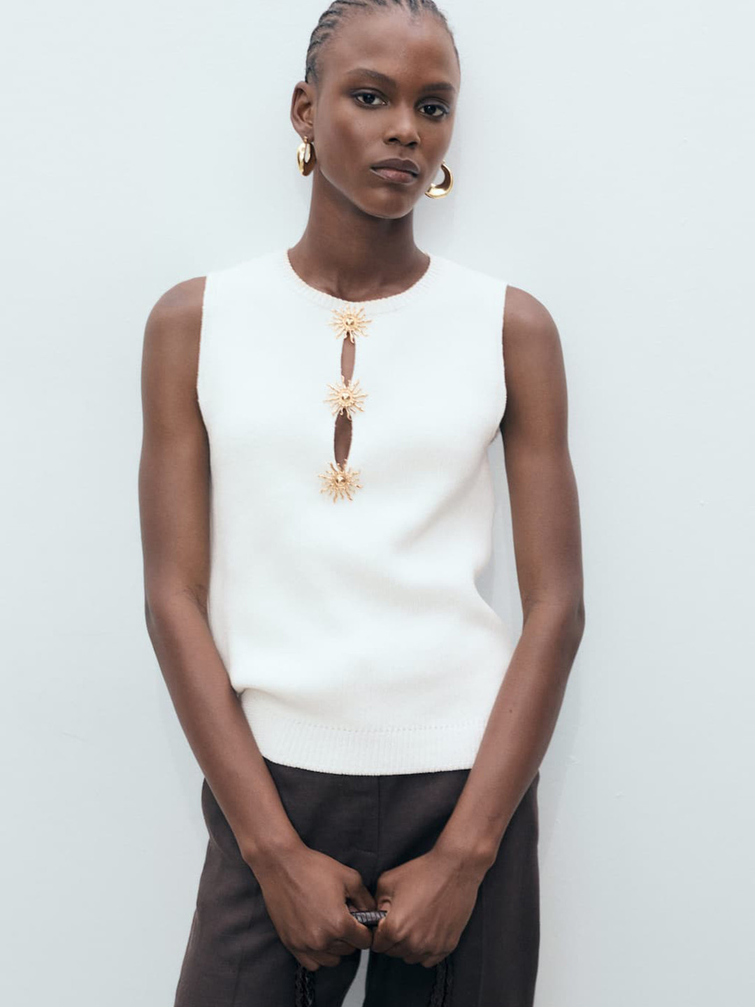 MANGO Knitted Jewel Button Detail Top