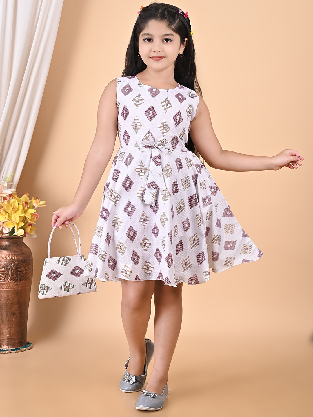 BARKAT DESIGNING PLANET Girls Geometric Self Design Bow Detail A-Line Dress