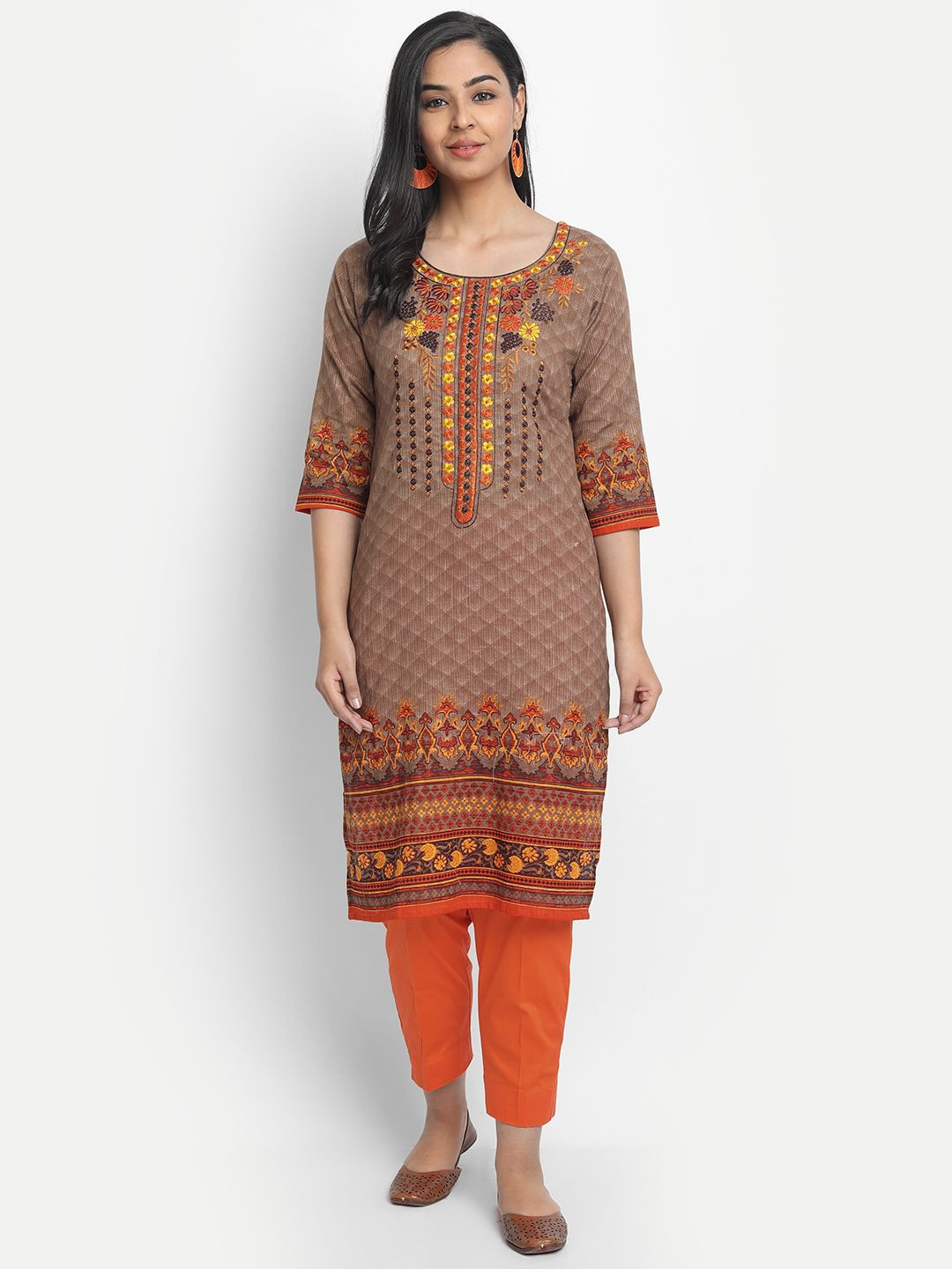 Moda Rapido Brown & Yellow Floral Embroidered Cotton Straight Kurta