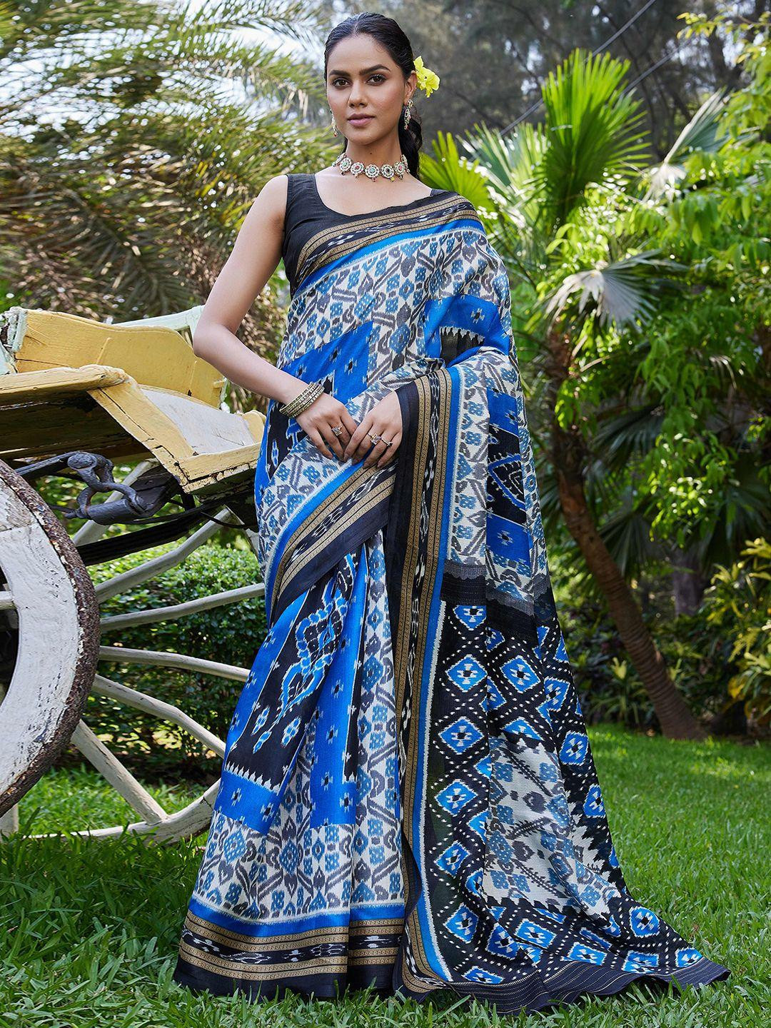 KALINI Blue Cotton Blend Printed Sarees