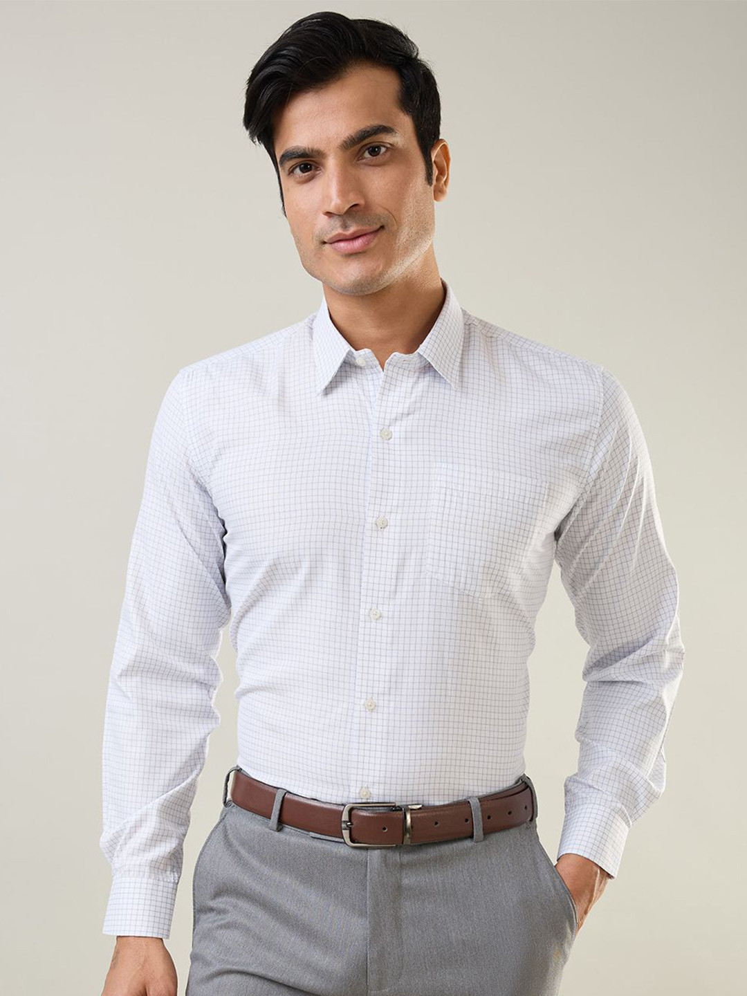 TIM PARIS Grid Tattersall Checked Spread Collar Pure Cotton Formal Shirt