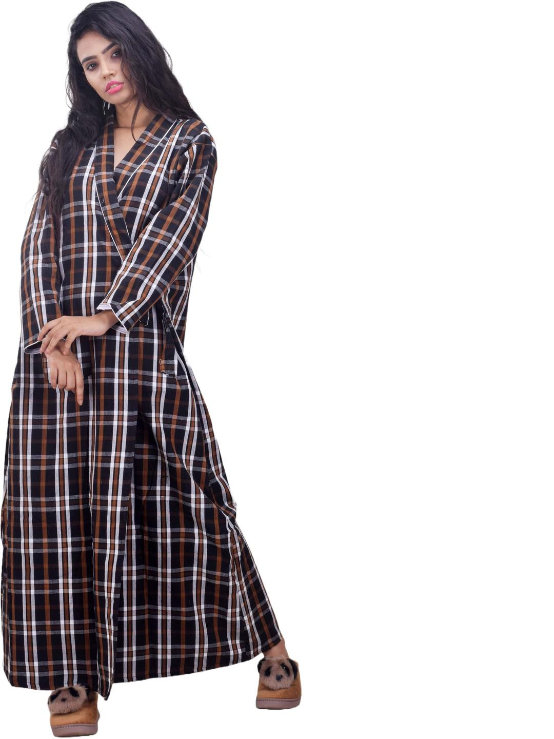 CLYMAA Black Wool Blend Maxi Checked Nightdress