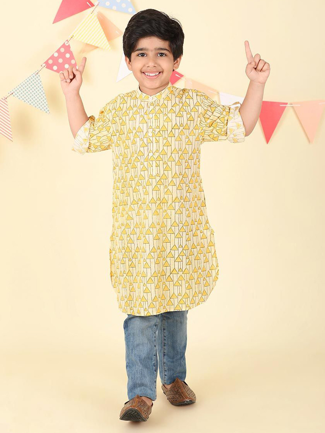 Fabindia Boys Geometric Printed Festive Cotton Straight Kurtas