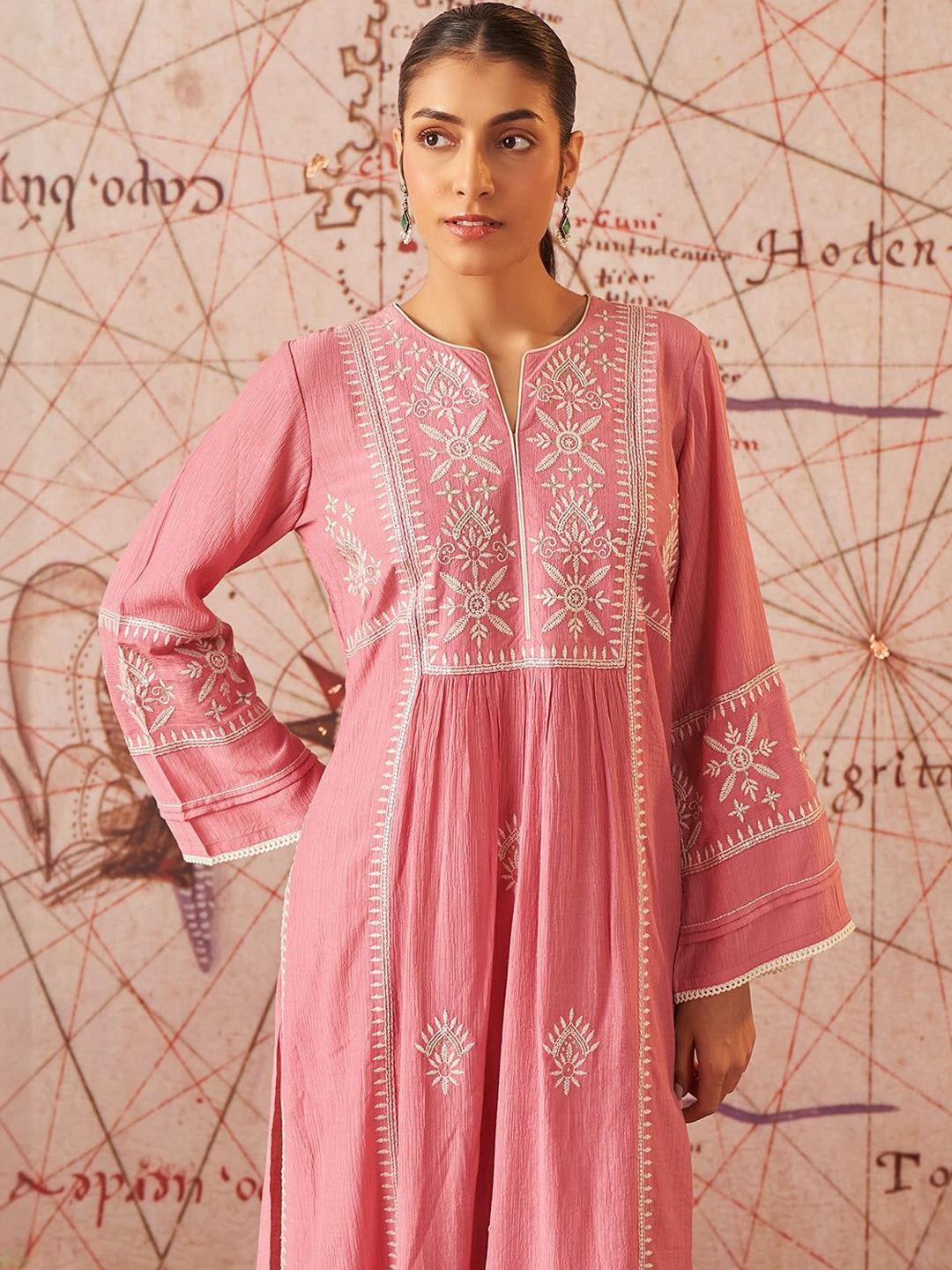 Lakshita Light Pink Embroidered Cotton Viscose Crinkle Co-Ord Set For Women