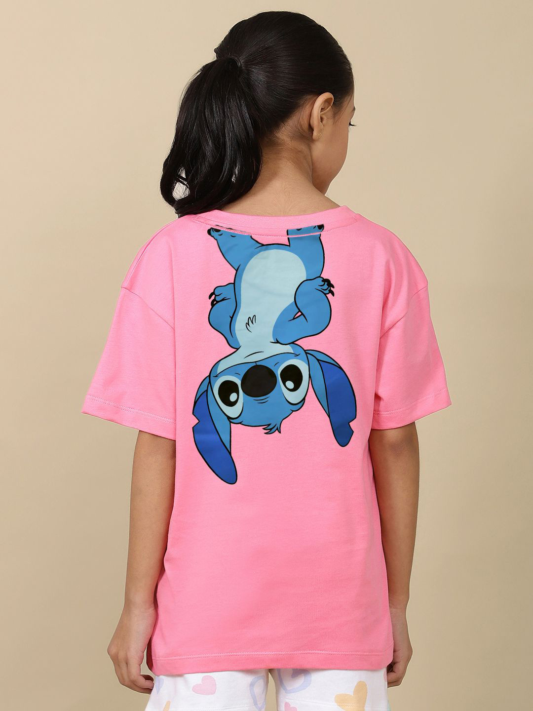 Kids Ville Girls Lilo & Stitch Humour & Comic Printed Pure Cotton Oversized Casual T-shirt
