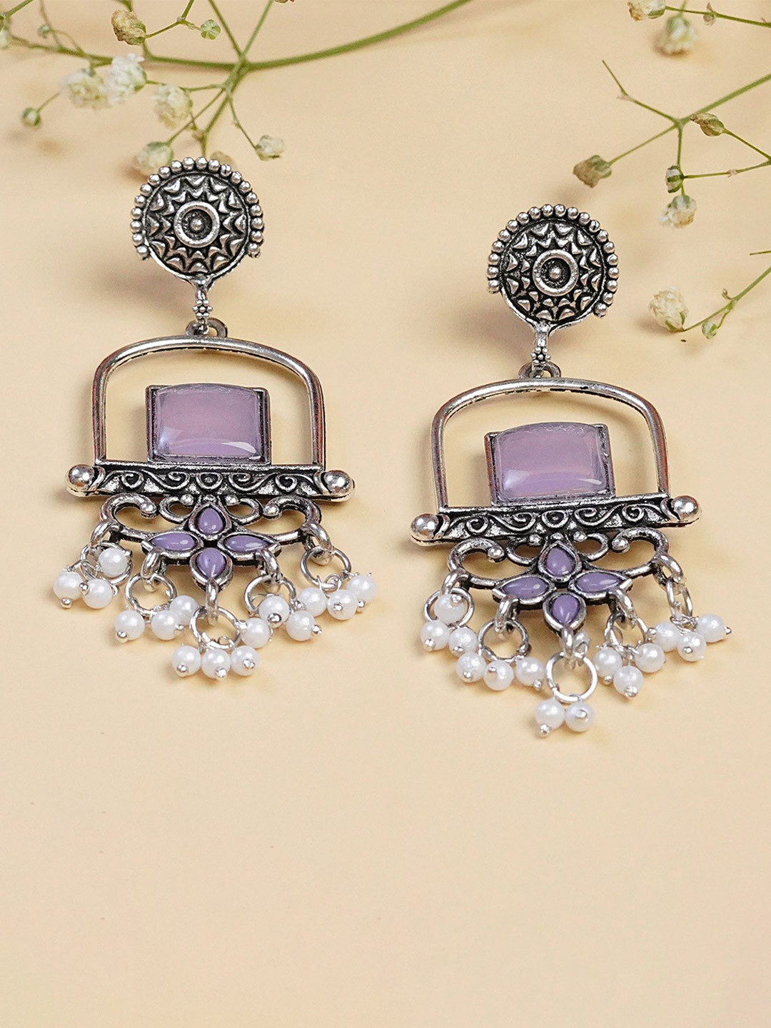 Zoey German Silver-Plated Stones Studded & Beaded Square Shaped Oxidised Drop Earrings