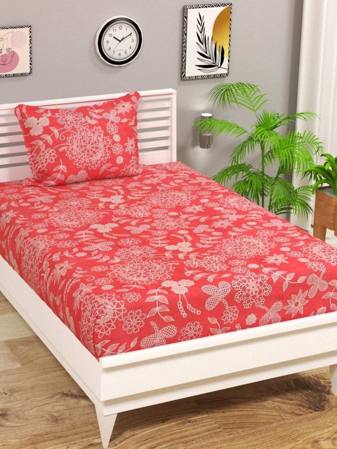 VAS COLLECTIONS Pink & White Floral 144 TC Single Bedsheet with 1 Pillow Covers