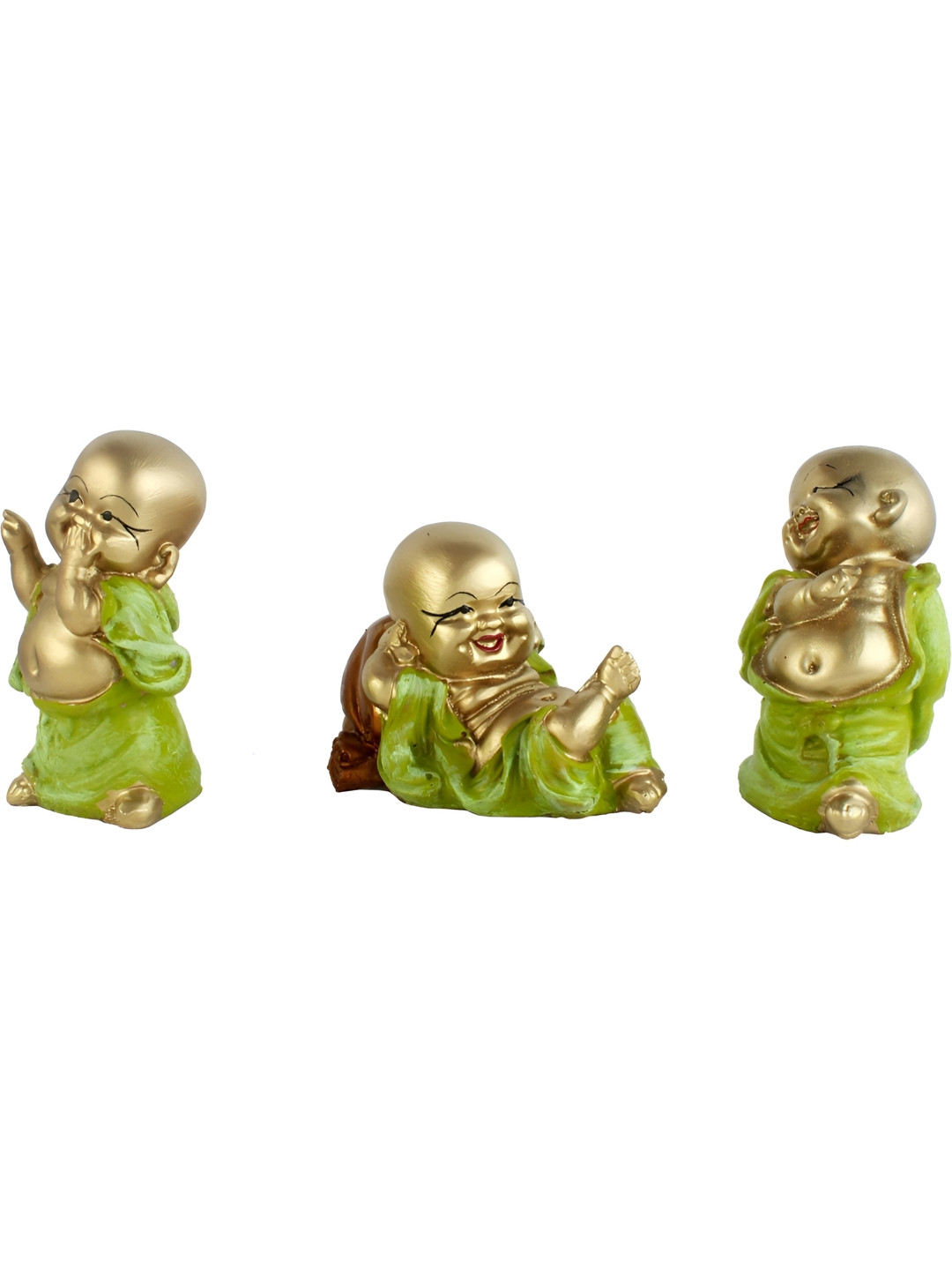 Aura Mini Laughing Monk Green Marble Glossy Living Room Set of 3 Small Showpieces - 3.9 Inches