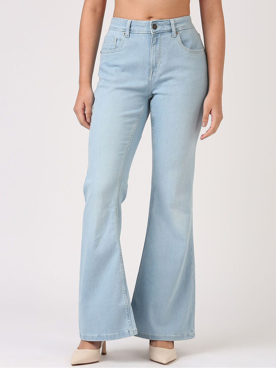 Jolene.club Women Flared High-Rise Light Fade Stretchable Clean Look  Jeans