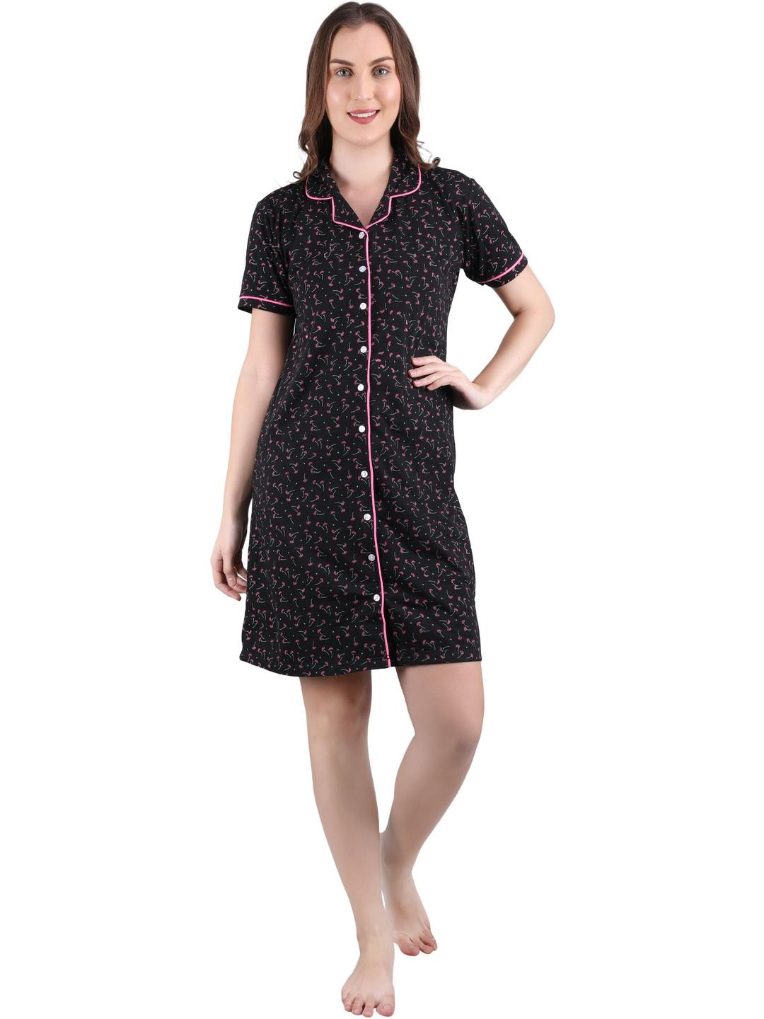 WOEMUR Black Pure Cotton Maxi Printed Nightdress