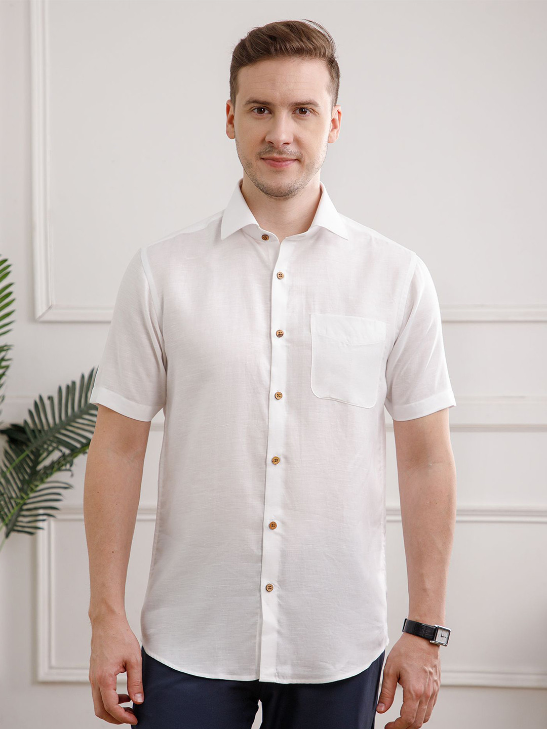THE FORMAL CLUB Men Earthy Hemp Tencel Short Sleeve Shirt in Smart Fit